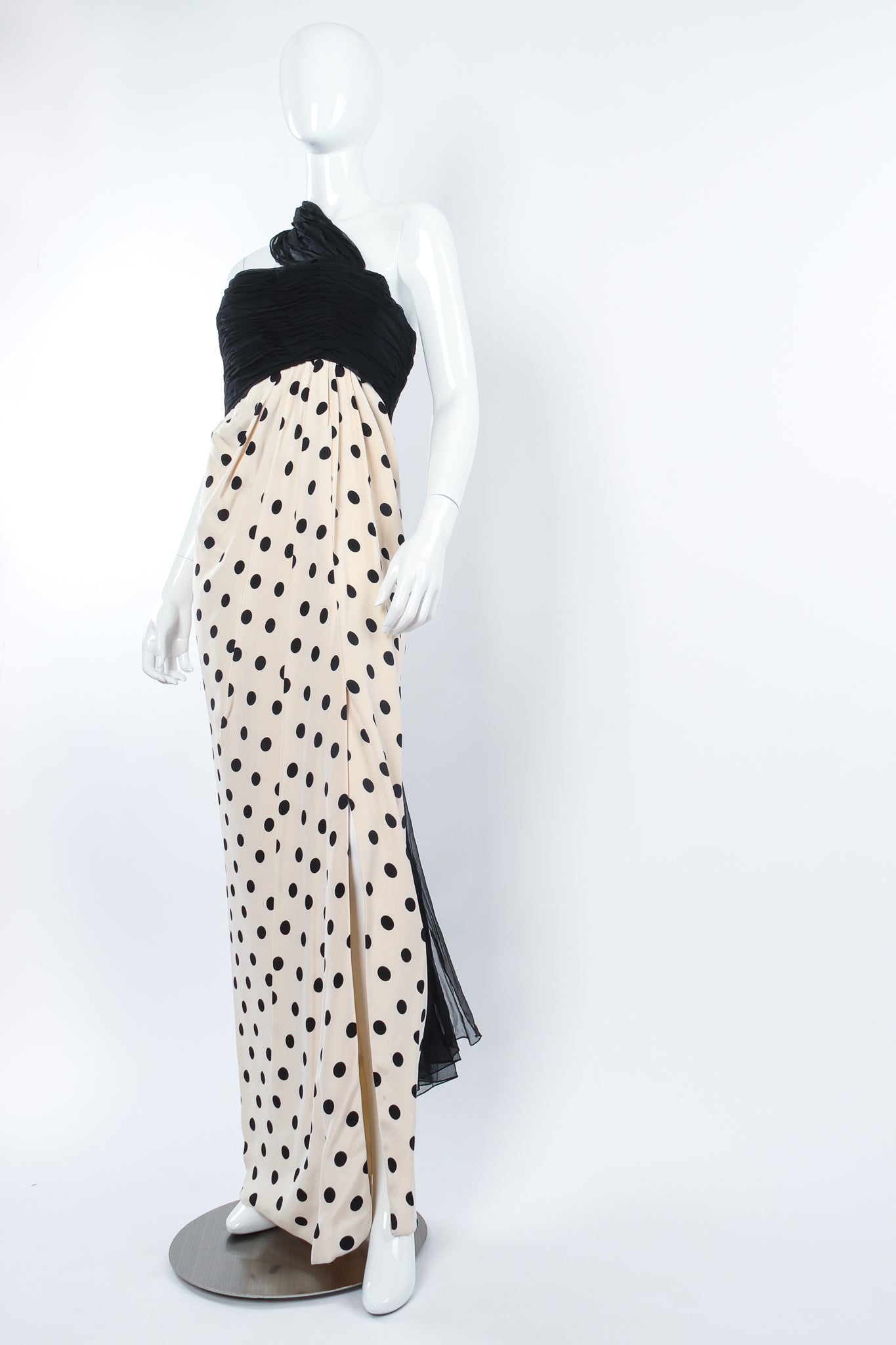 Vintage Oscar de la Renta Dotted Sheath Scarf Gown on Mannequin angle at Recess Los Angeles