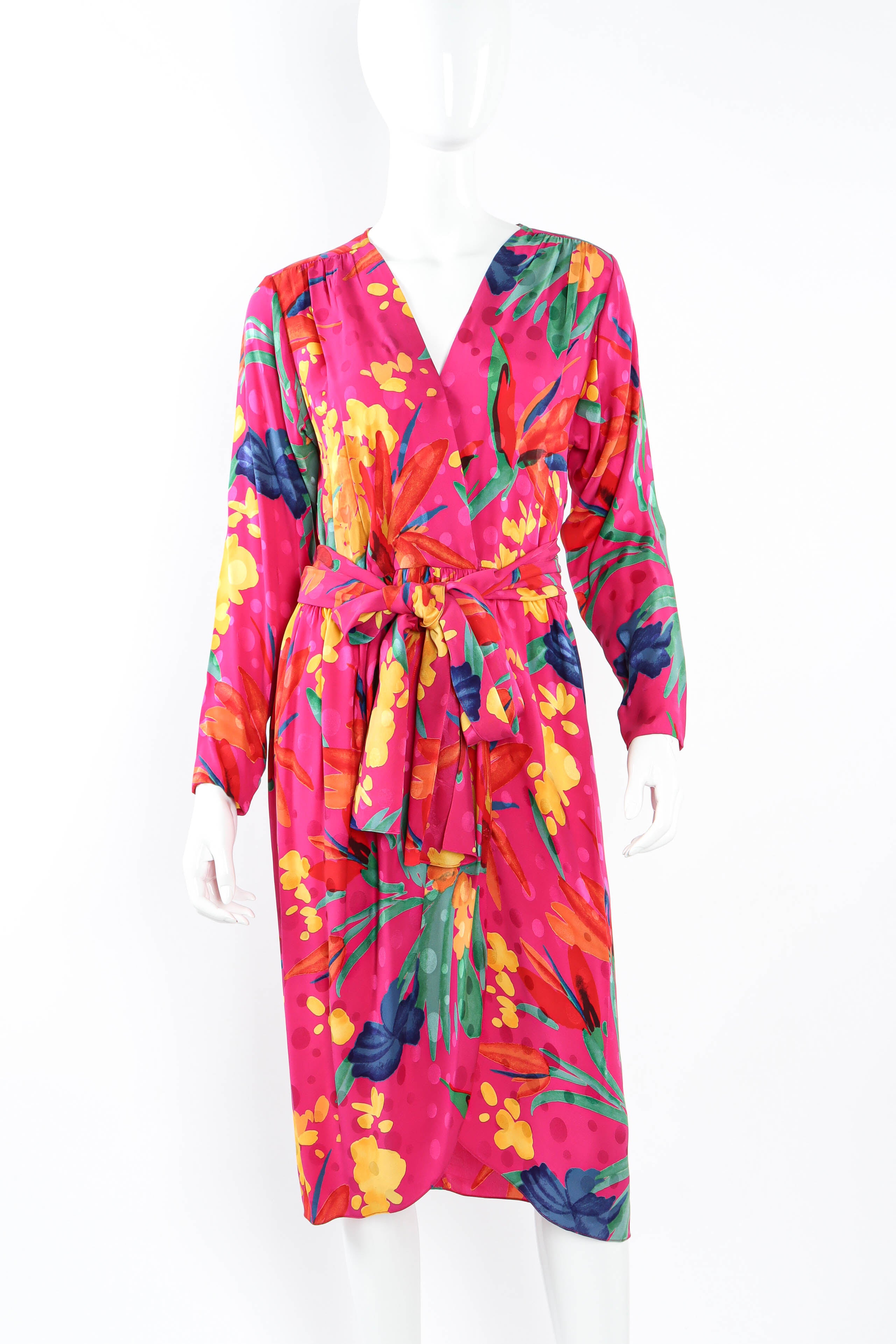 Vintage Oscar de la Renta Pleasant Floral Wrap Dress mannequin front close up@ Recess LA