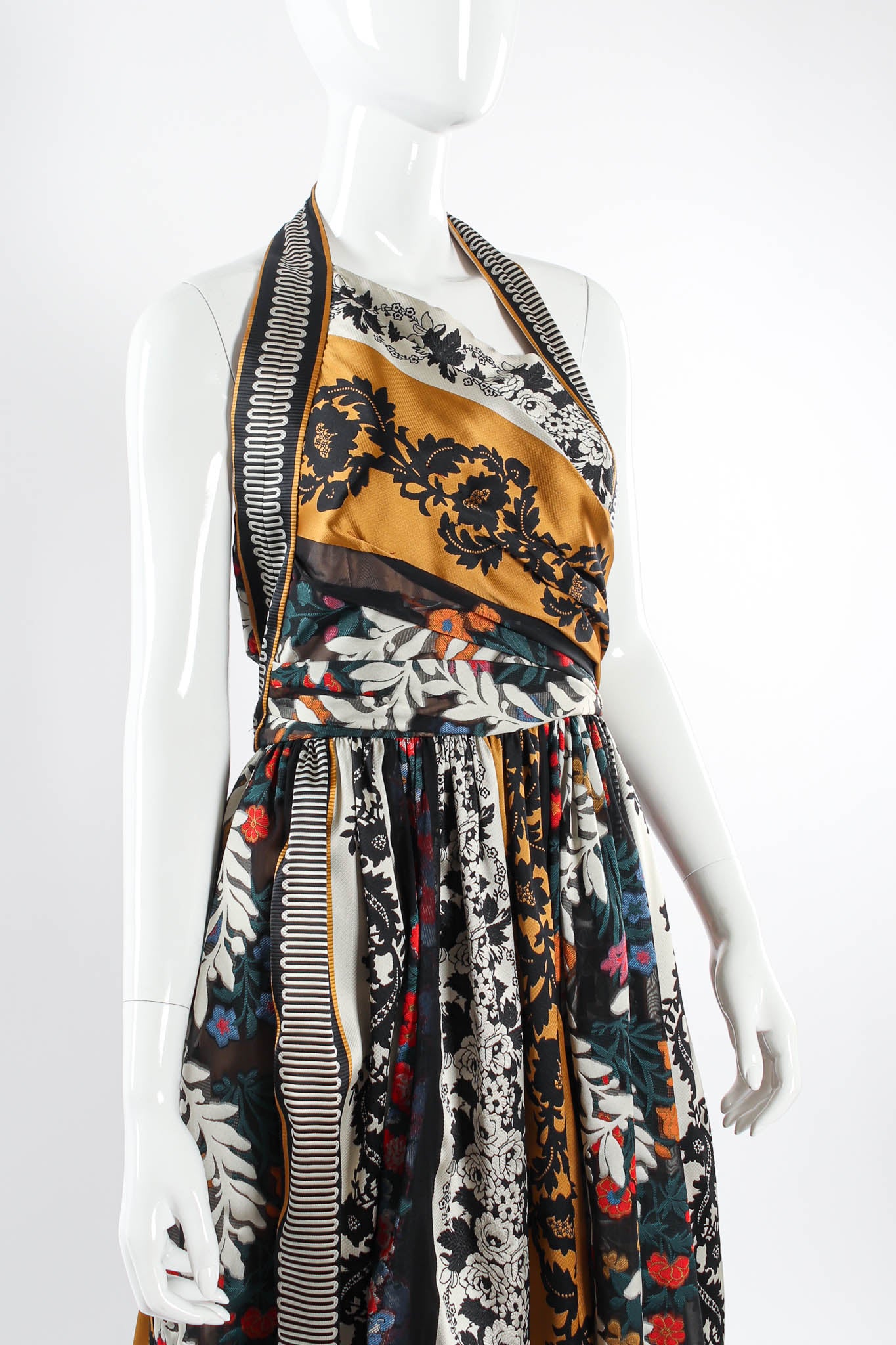 Vintage Oscar De La Renta Silk Floral Stripe Panel Dress mannequin bodice close @ Recess Los Angeles