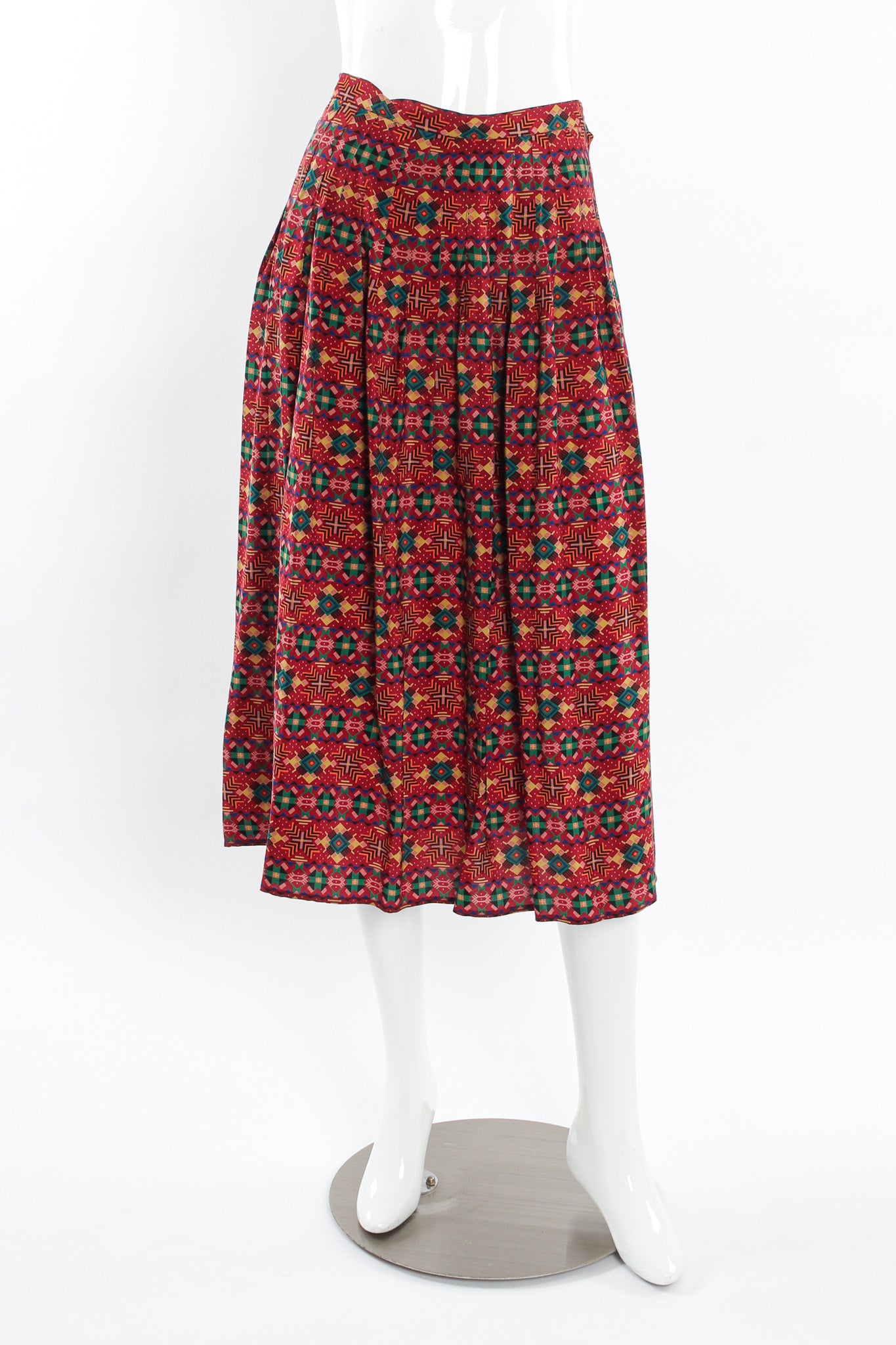 Vintage Oscar de la Renta Geo Tribal Silk Top & Skirt Set mannequin front skirt @ Recess LA