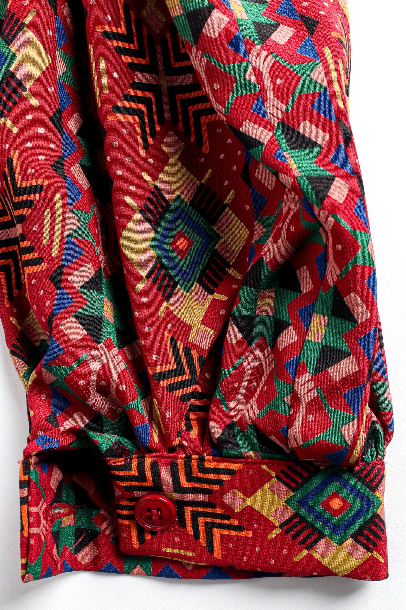 Vintage Oscar de la Renta Geo Tribal Silk Top & Skirt Set top sleeve @ Recess LA