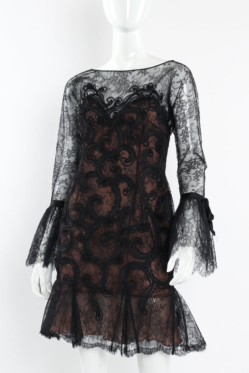 Vintage Oscar de la Renta Soutache Chantilly Lace Ruffle Dress mannequin close angle @ Recess LA