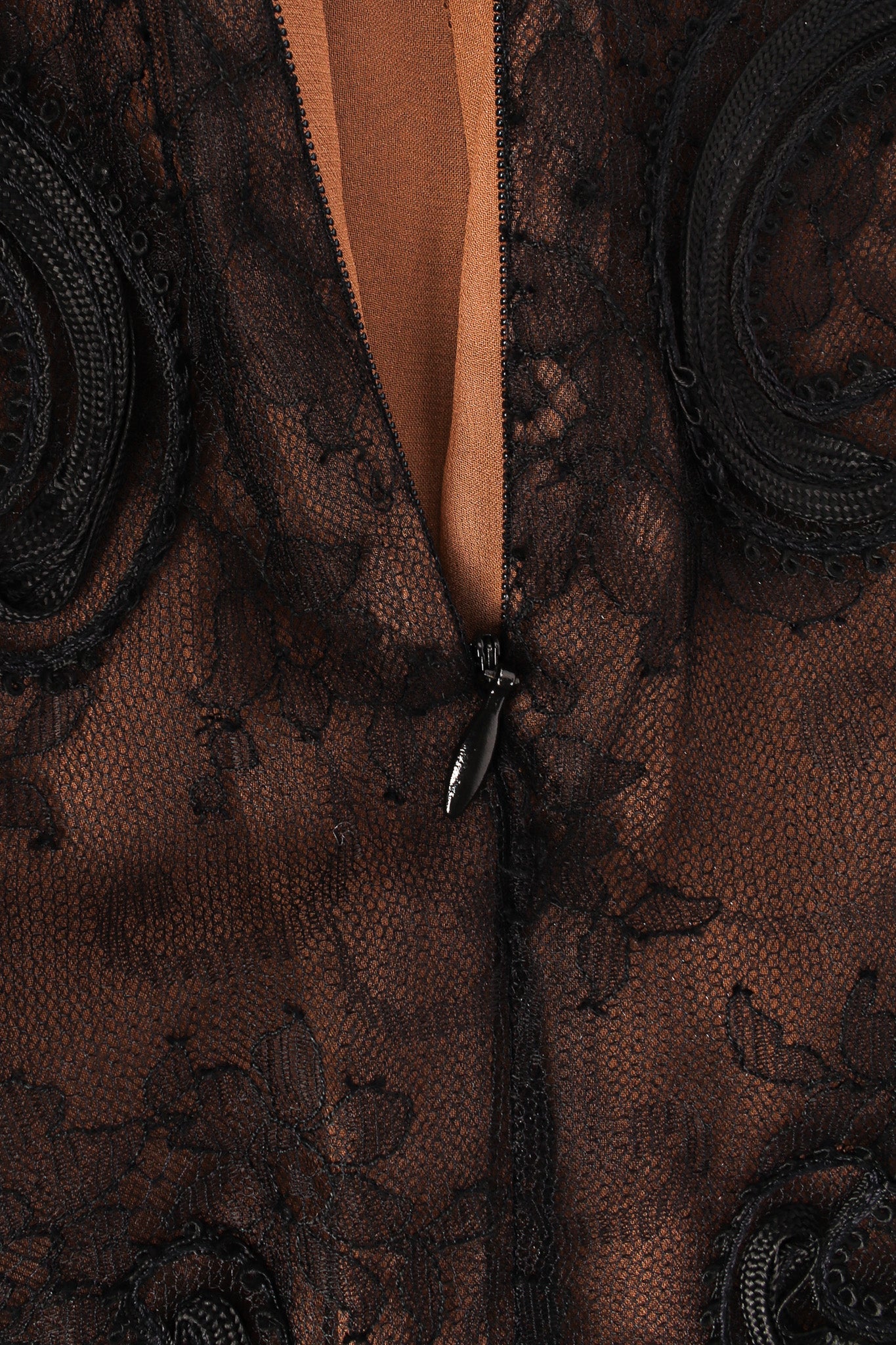 Vintage Oscar de la Renta Soutache Chantilly Lace Ruffle Dress back zipper @ Recess LA