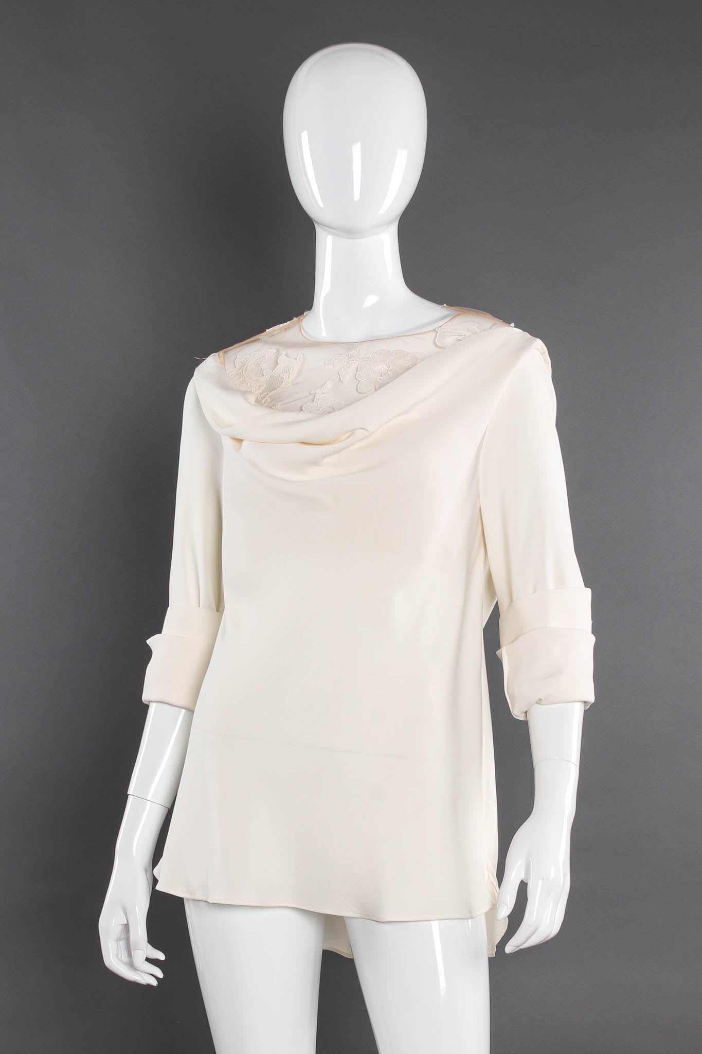 Vintage Oscar de la Renta Silk Floral Off-Shoulder Top mannequin angle/sleeves rolled  @ Recess LA