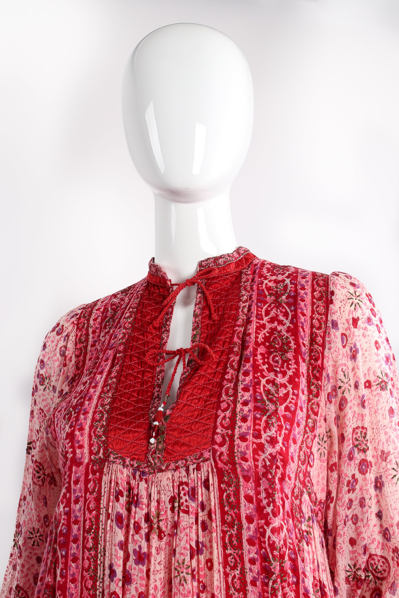 Vintage Oh Calcutta Batik Indian Cotton Gauze Shift Dress on Mannequin neckline at Recess Los Angeles