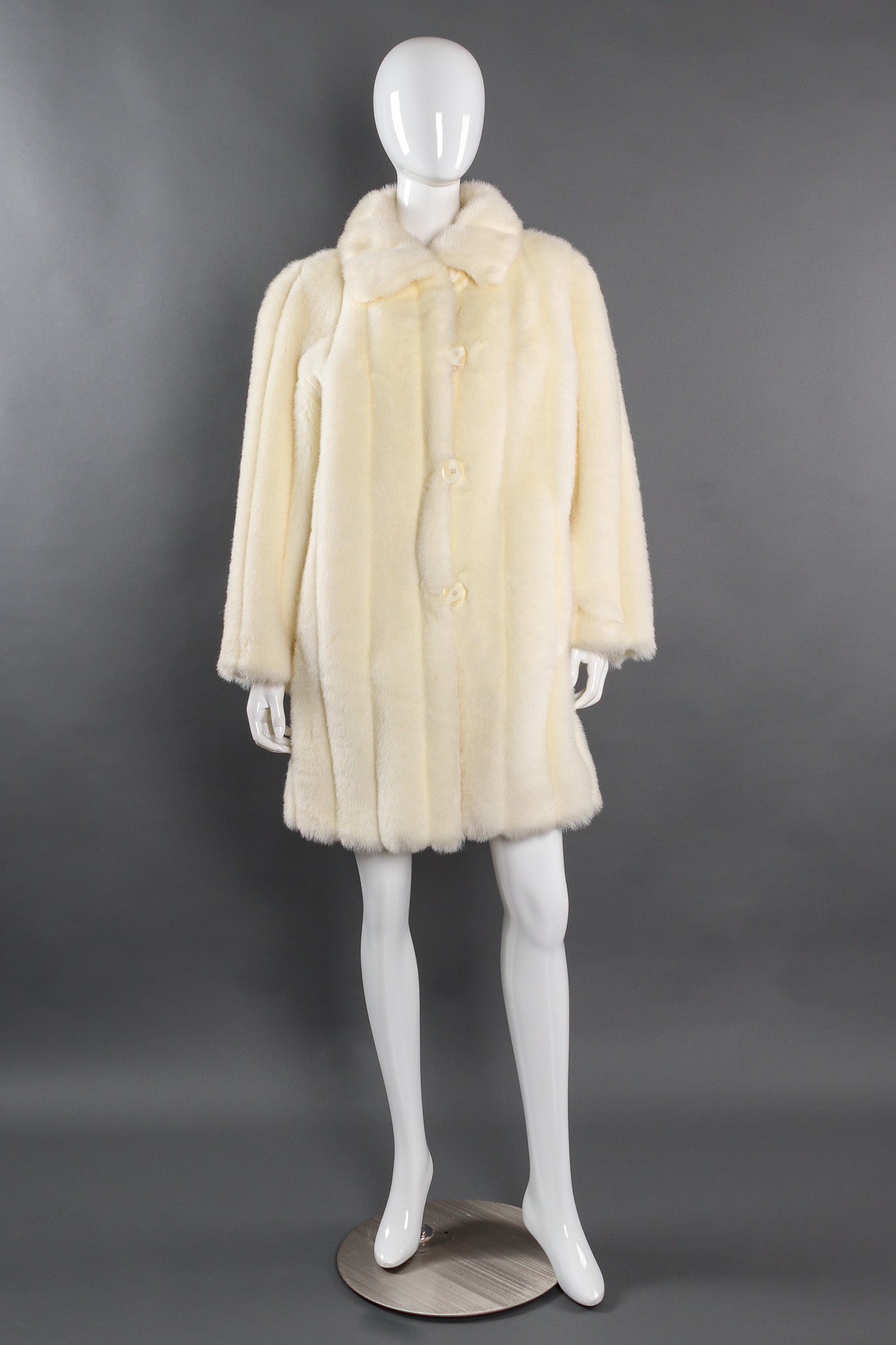 Vintage Oleg Cassini Striped Column Faux Fur Coat mannequin front buttoned @ Recess LA