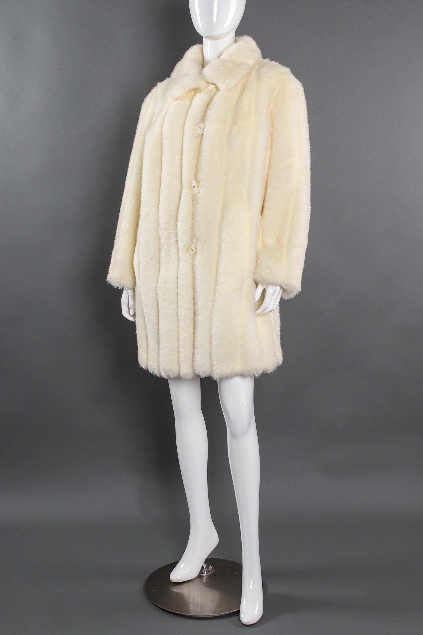Vintage Oleg Cassini Striped Column Faux Fur Coat mannequin front angle @ Recess LA