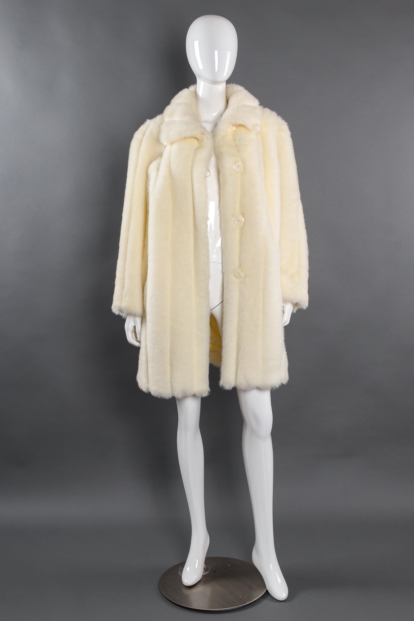 Vintage Oleg Cassini Striped Column Faux Fur Coat mannequin front @ Recess LA