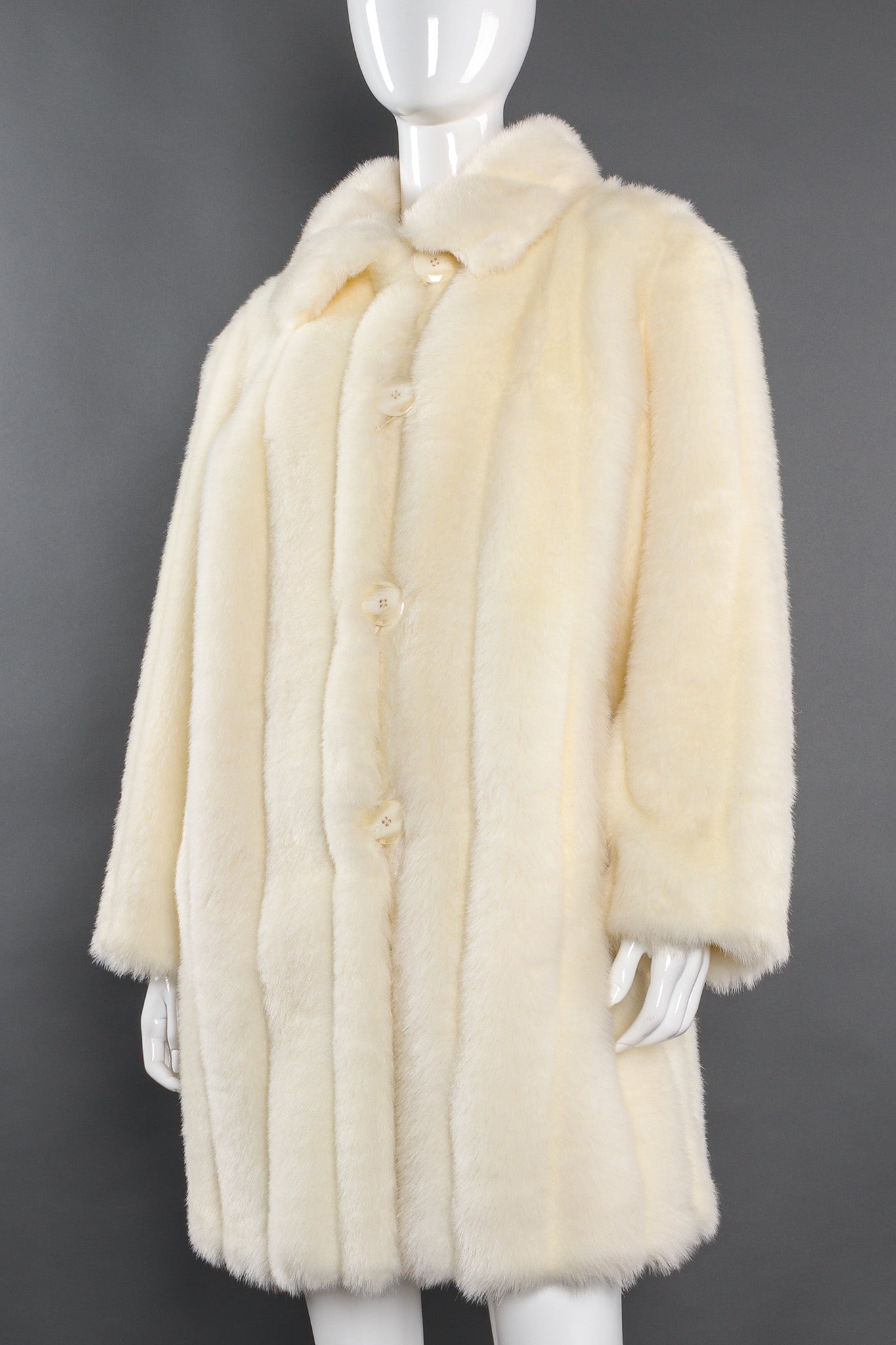 Vintage Oleg Cassini Striped Column Faux Fur Coat mannequin close angle @ Recess LA