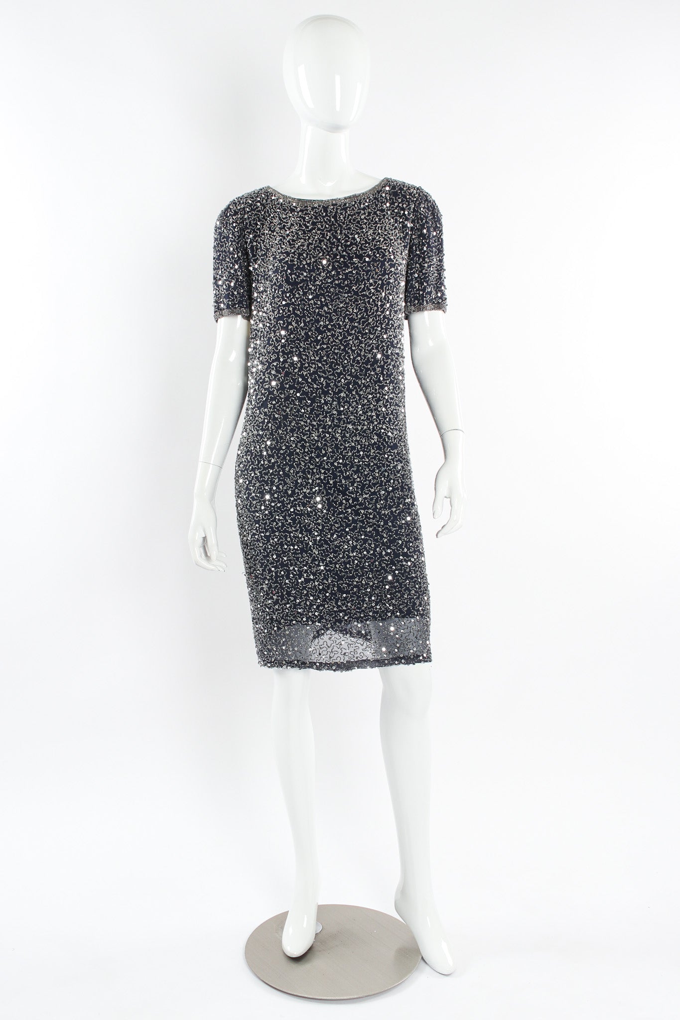 Vintage Oleg Cassini Beaded Sequin Silk Shift Dress mannequin front @ Recess LA