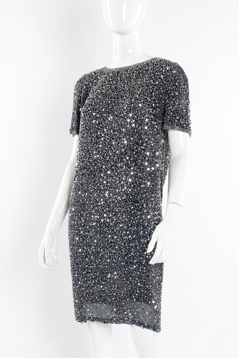 Vintage Oleg Cassini Beaded Sequin Silk Shift Dress mannequin close angle @ Recess LA