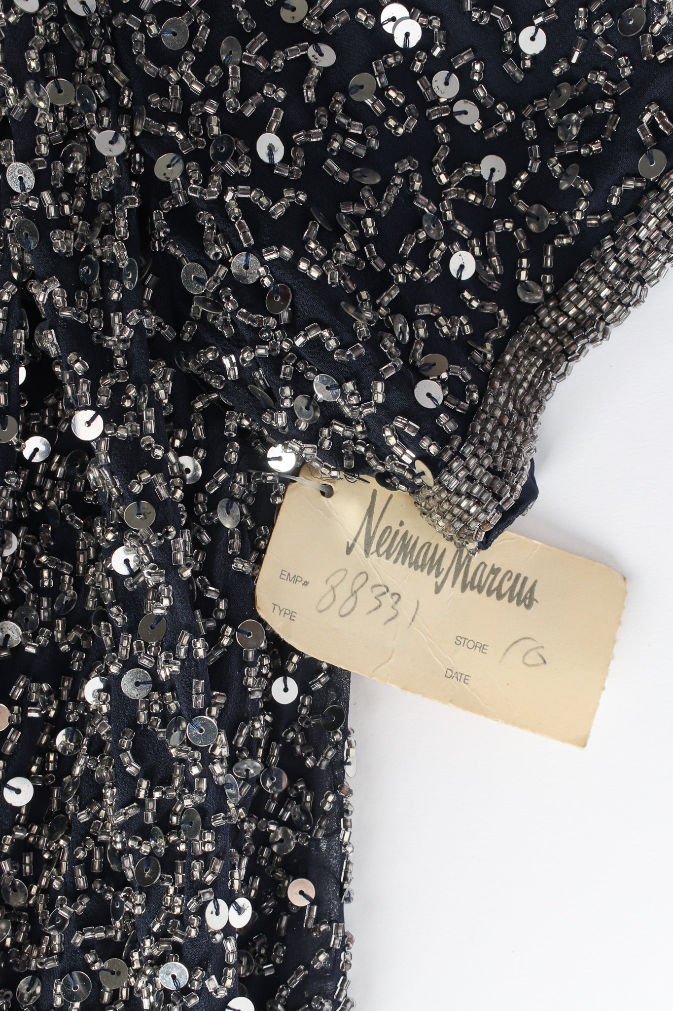 Vintage Oleg Cassini Beaded Sequin Silk Shift Dress sleeve beads detail/Neimans tag @ Recess LA