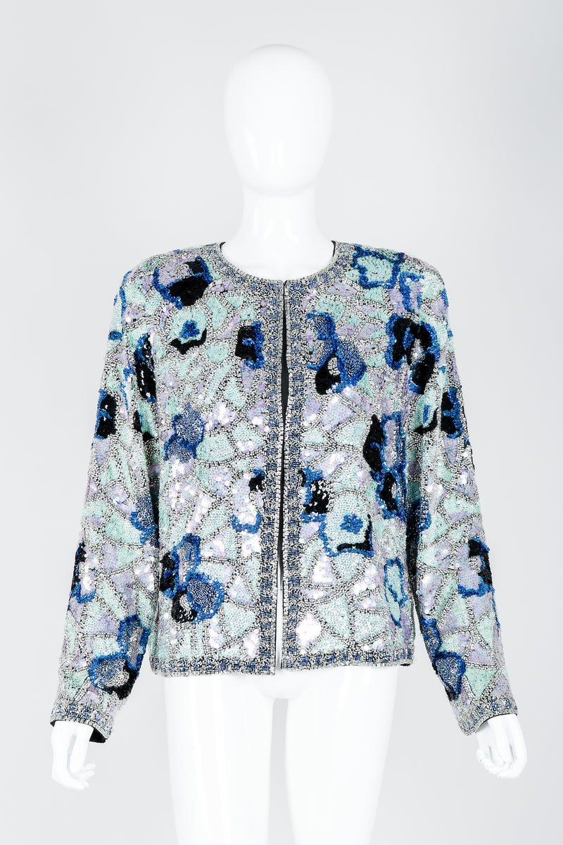 Vintage Oleg Cassini Black Tie Silver Blue Sequined Mosaic Boxy Jacket on Mannequin at Recess