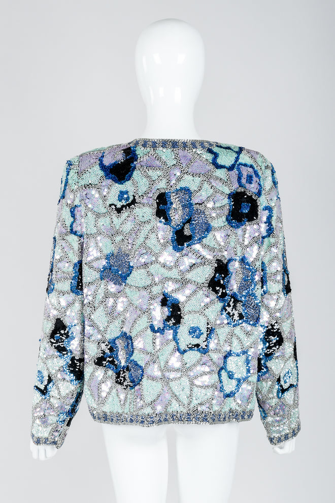Vintage Oleg Cassini Black Tie Sequined Mosaic Boxy Jacket Back View on Mannequin at Recess