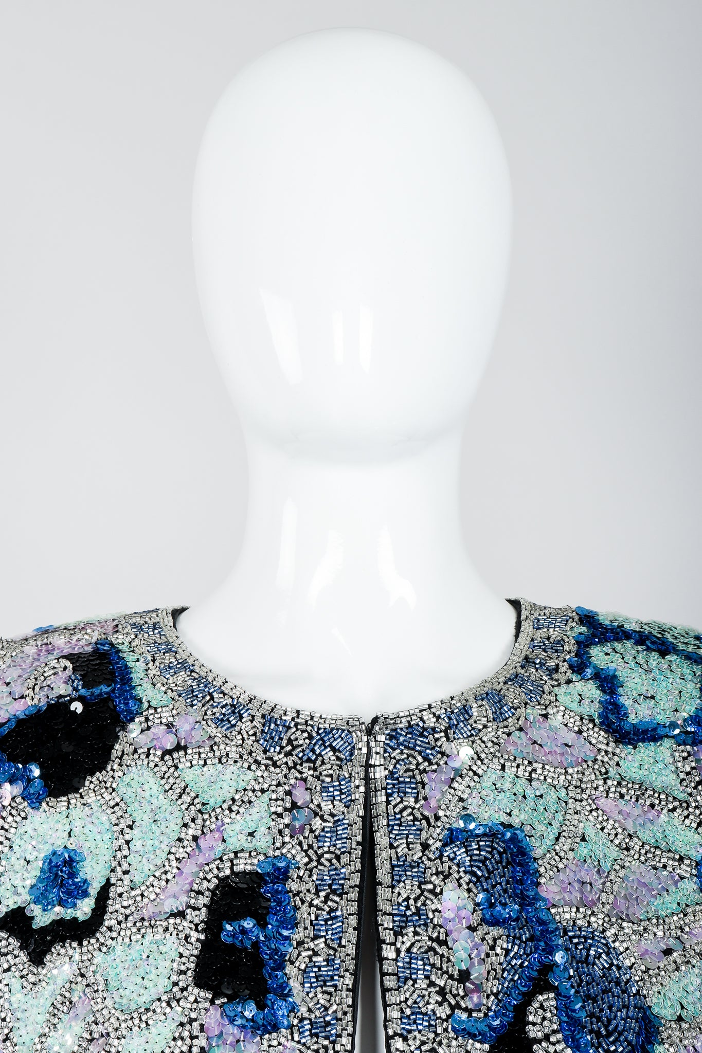Vintage Oleg Cassini Black Tie Sequined Mosaic Boxy Jacket Neck View on Mannequin at Recess