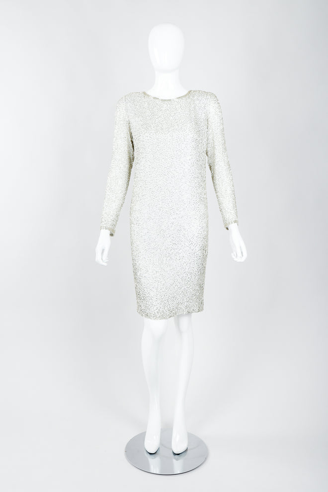 Vintage Oleg Cassini Black Tie Silver Beaded Cowl Dress on Mannequin, Front at Recess Los Angeles