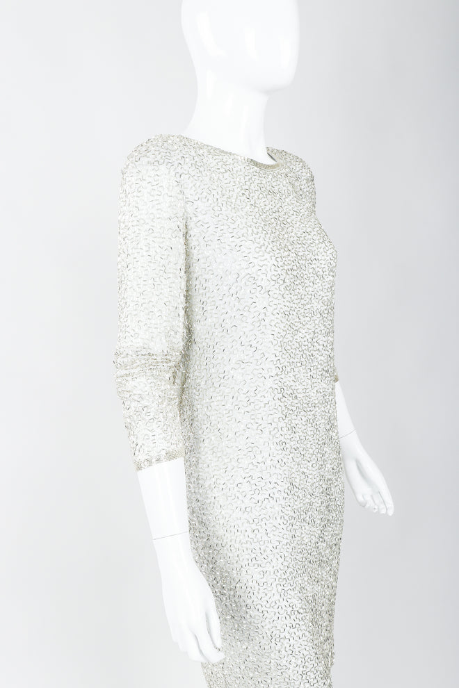 Vintage Oleg Cassini Black Tie Silver Beaded Cowl Dress on Mannequin, Front Crop