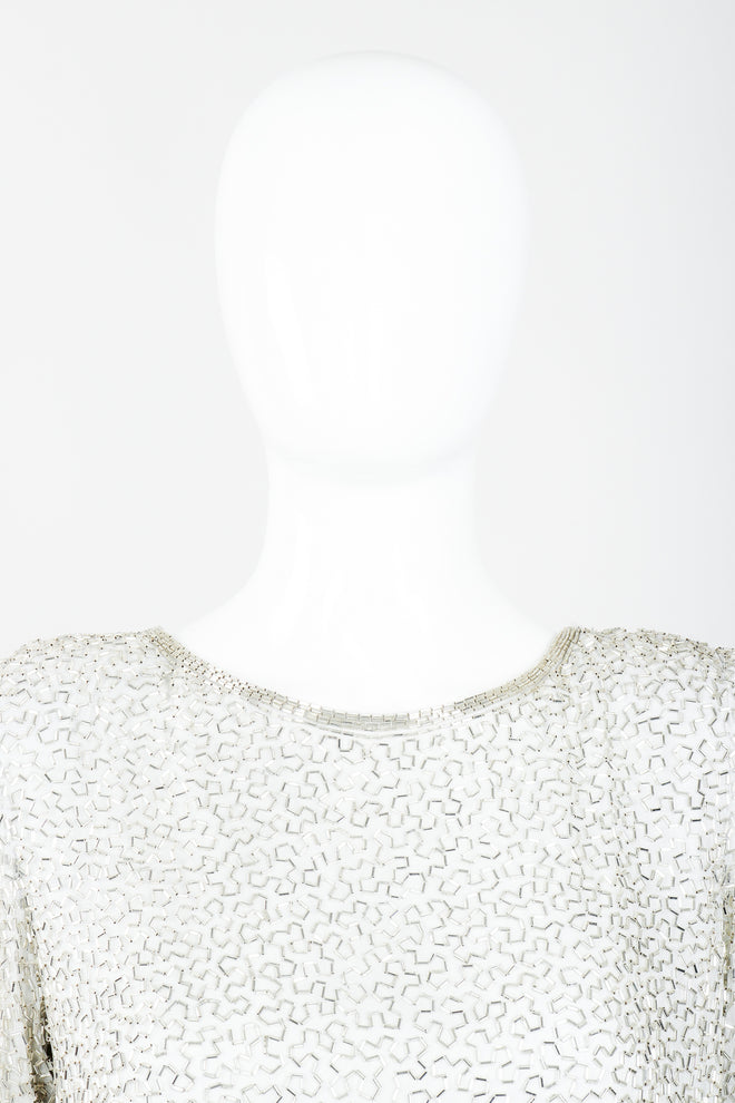 Vintage Oleg Cassini Black Tie Silver Beaded Cowl Dress on Mannequin, Neckline