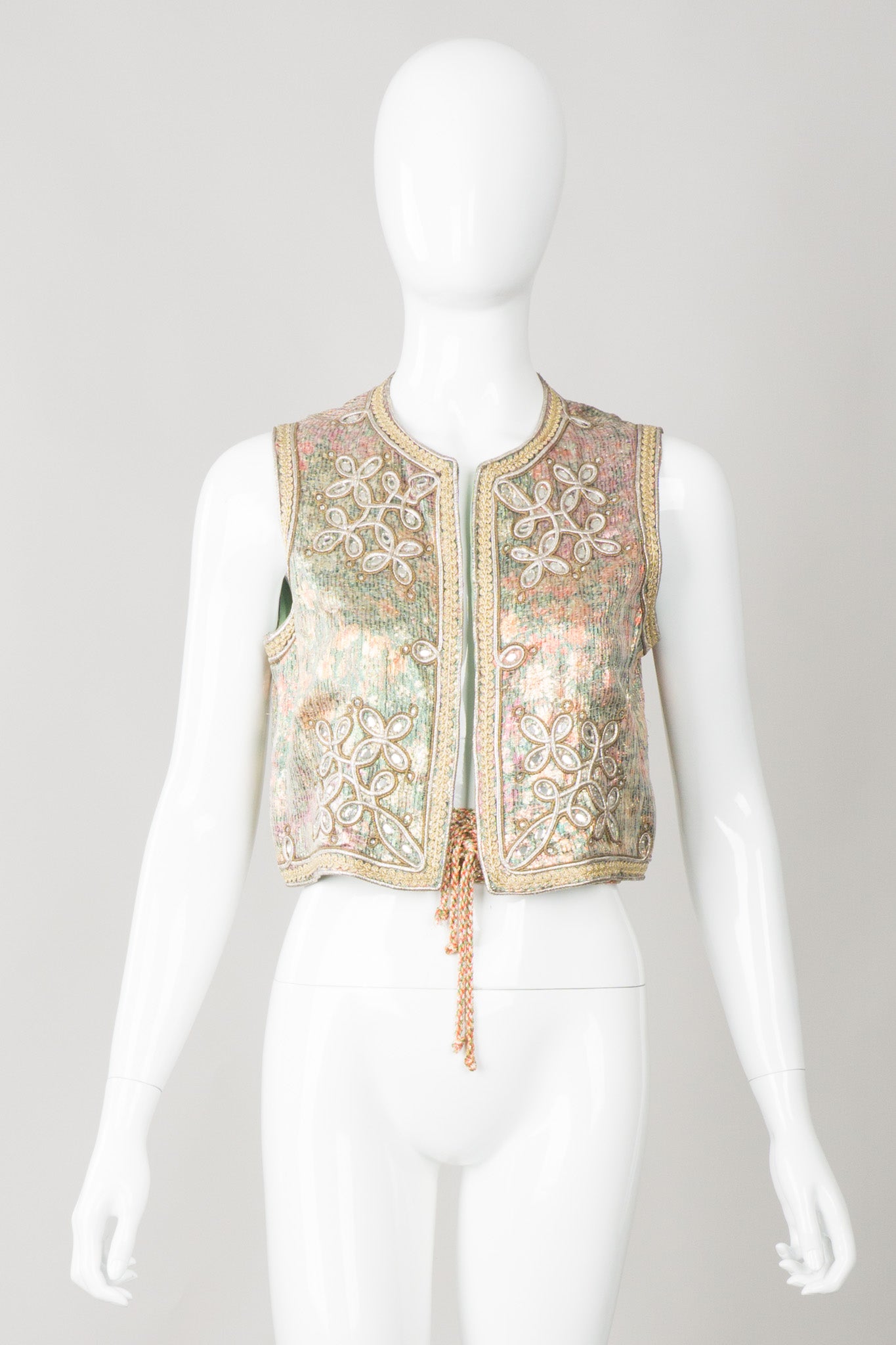 Oscar de la Renta Vintage Boho Embellished Lamé Vest & Belt Set