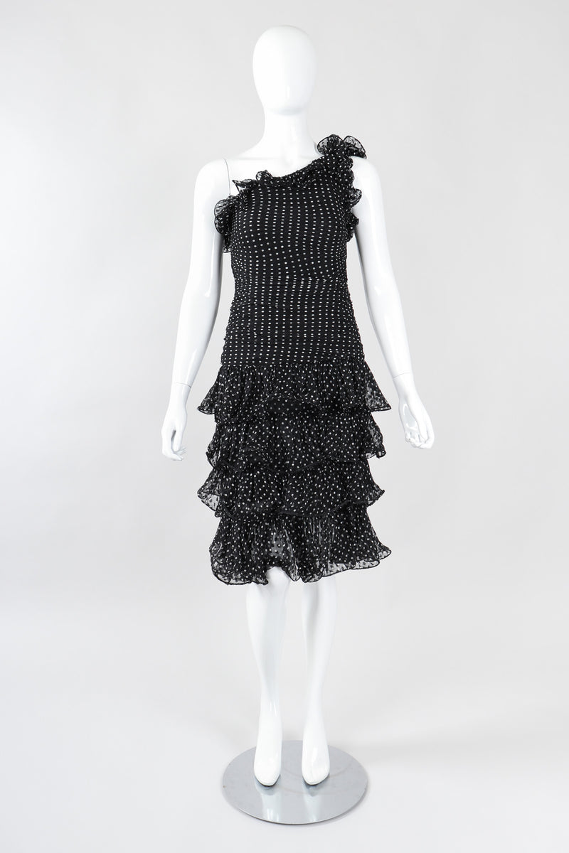 Recess Los Angeles Vintage Oscar de la Renta One-Shoulder Dotted Chiffon Ruffle Dress