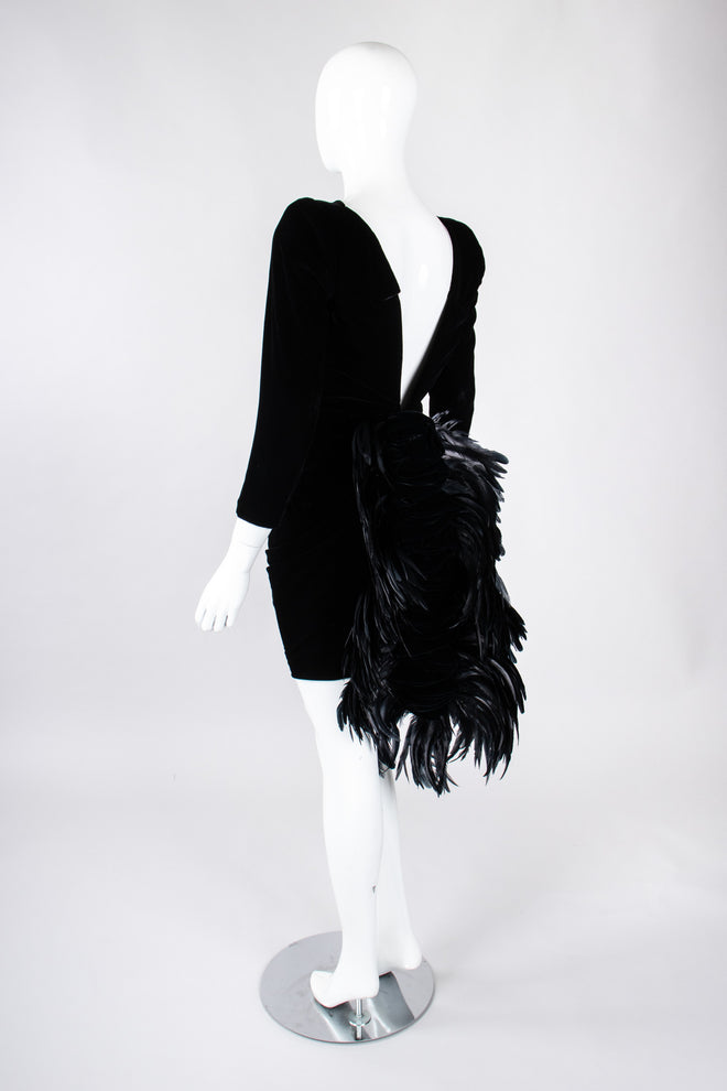 Recess Los Angeles Vintage Oscar de la Rental Velvet Raven Tail Feather Bustle Dress