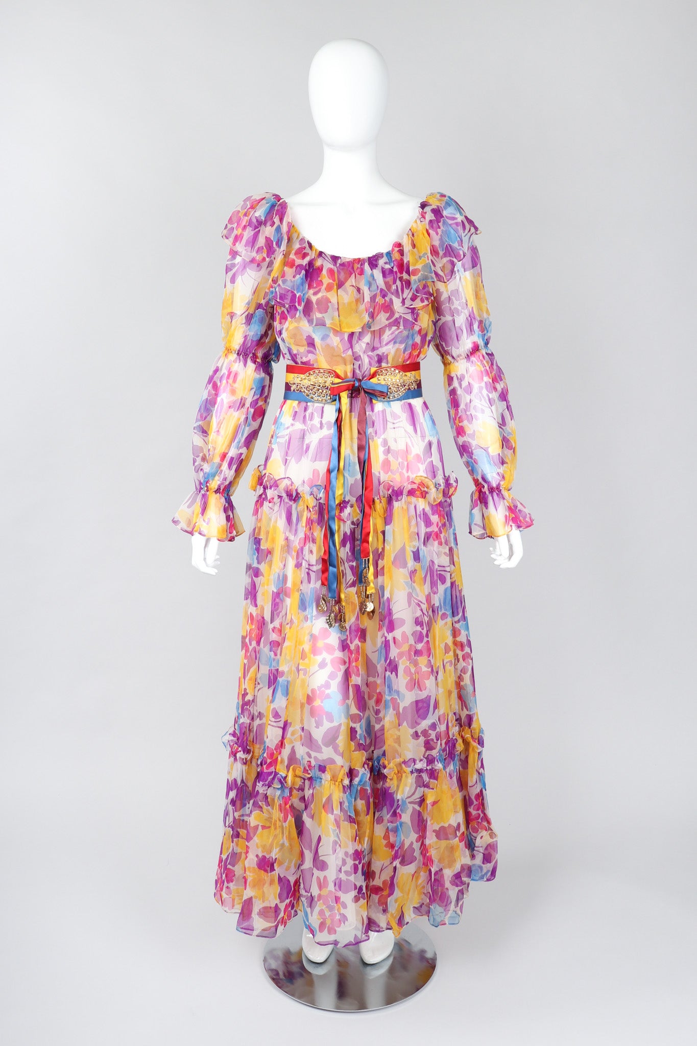 Recess Los Angeles Vintage Oscar de la Renta Sheer Organza Belted Floral Peasant Dress