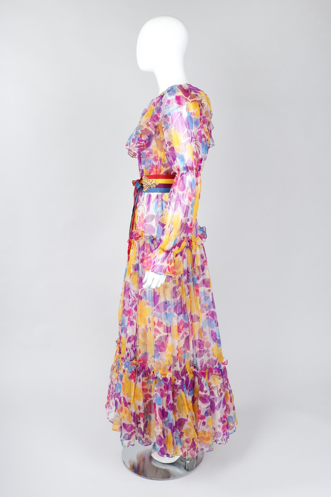 Recess Los Angeles Vintage Oscar de la Renta Sheer Organza Belted Floral Peasant Dress