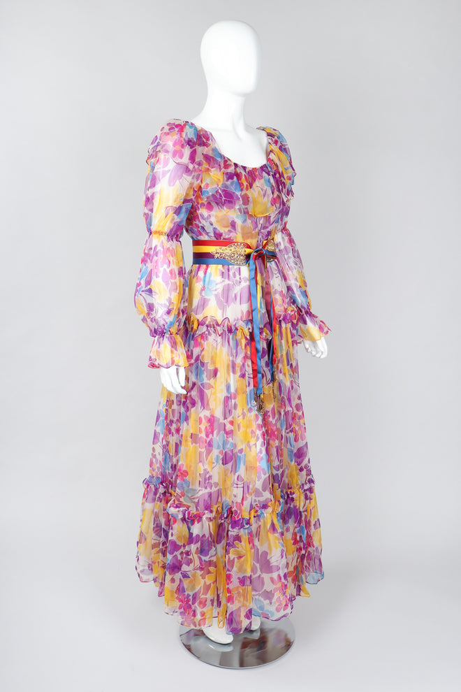 Recess Los Angeles Vintage Oscar de la Renta Sheer Organza Belted Floral Peasant Dress