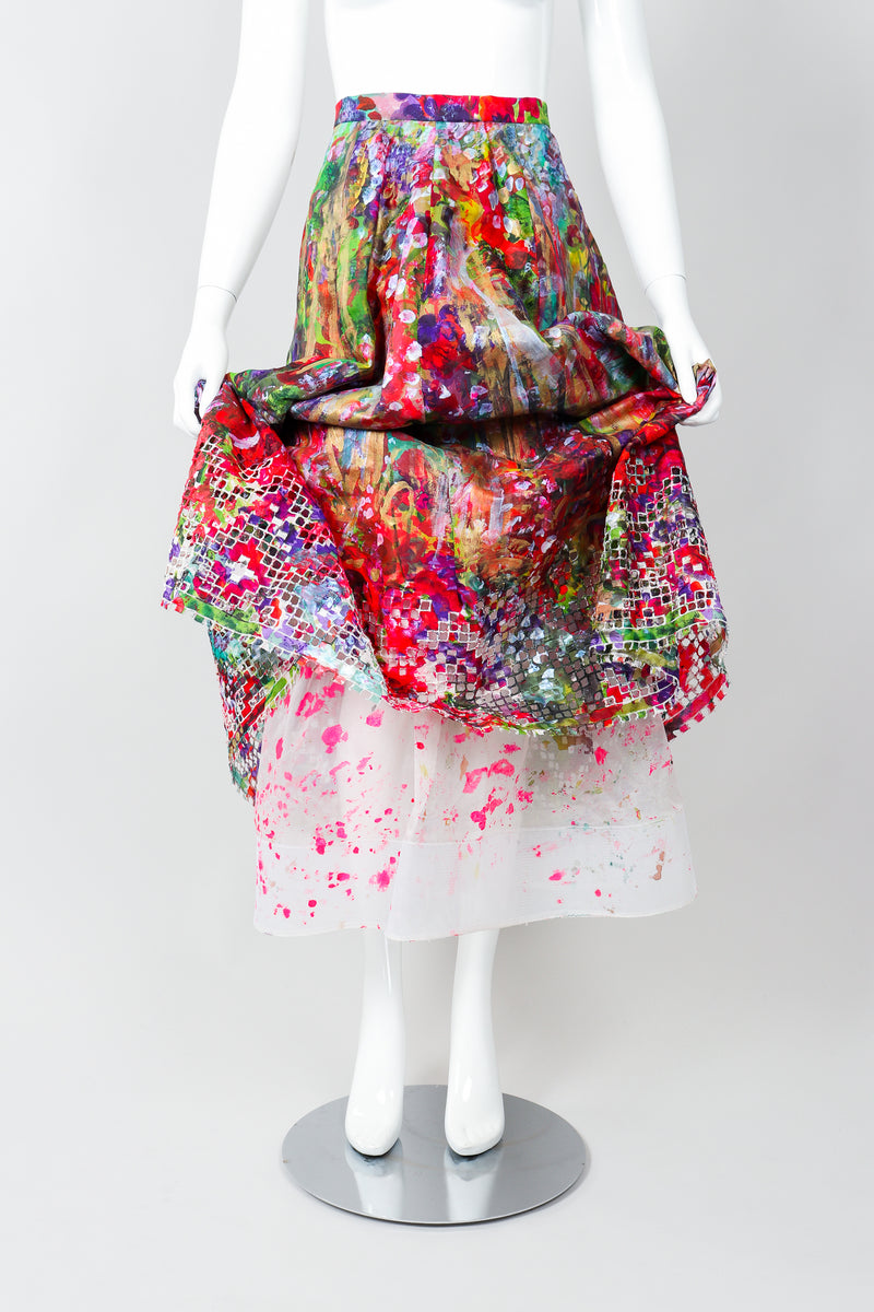 Vintage Oscar de la Renta Painted Impressionist Midi Skirt Lining on Mannequin, Front at Recess