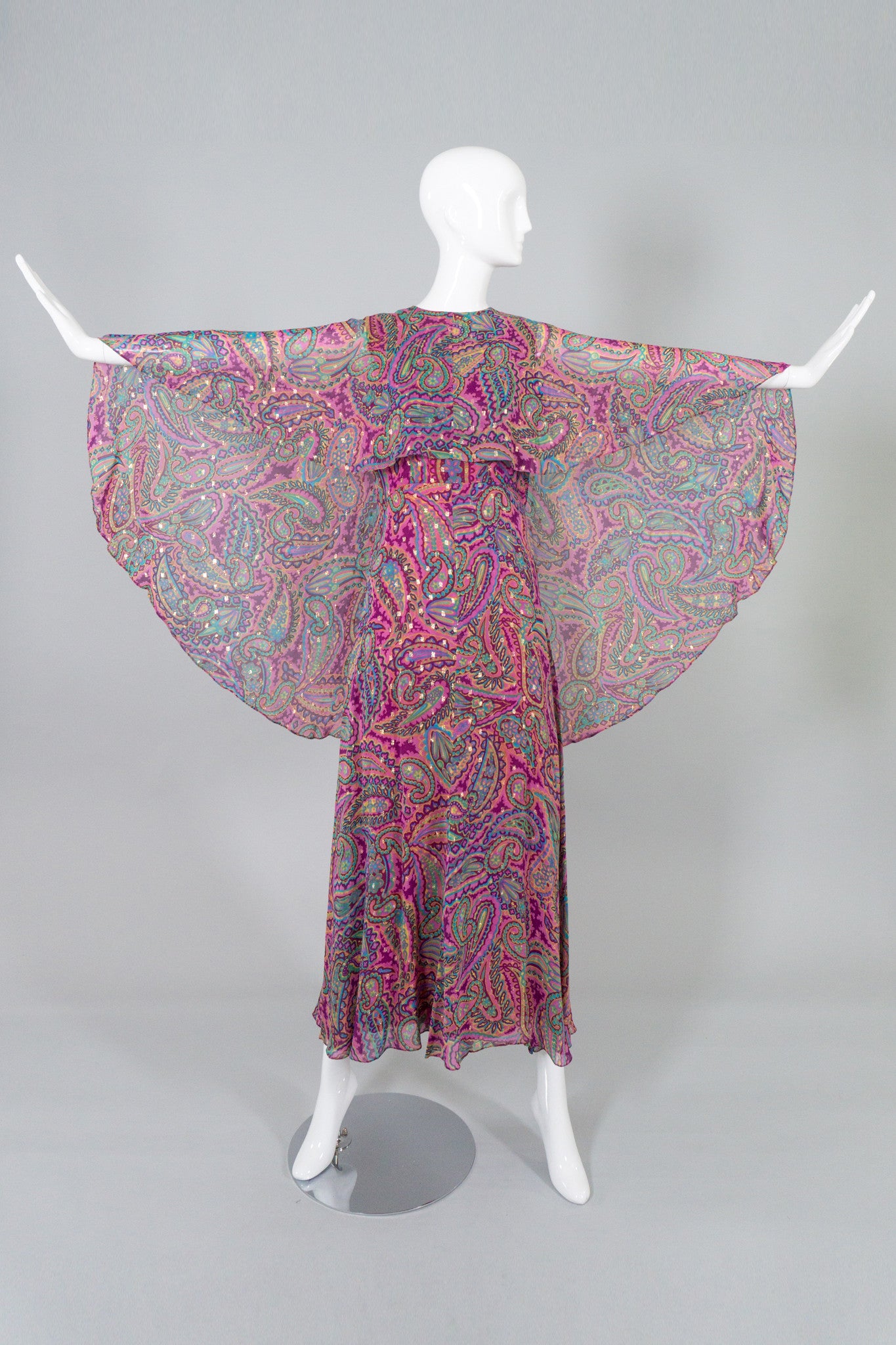 Oscar de la Renta Vintage Paisley Sheer Silk Chiffon Cape Dress