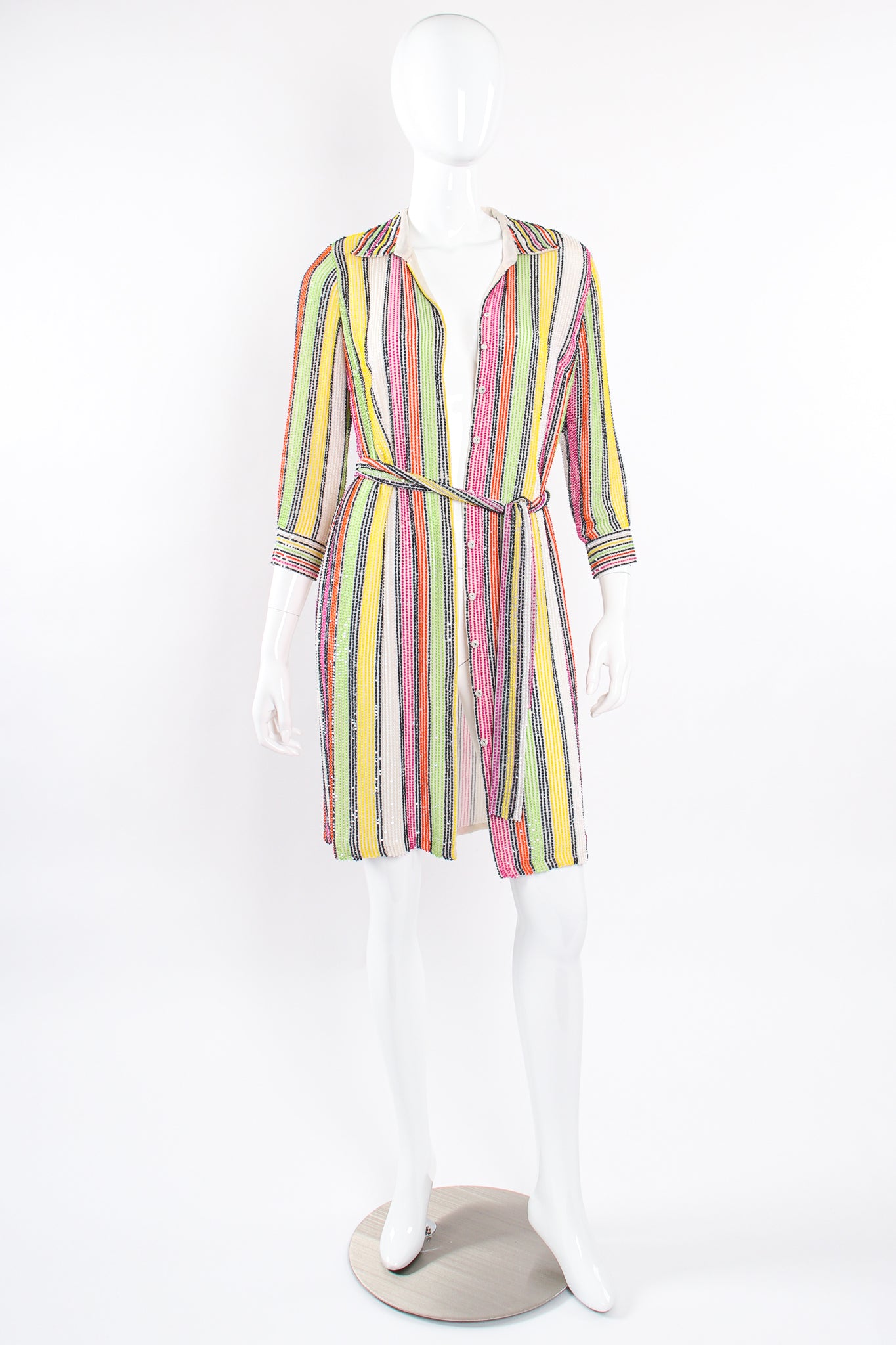 Vintage Oscar de la Renta Beaded Skittle Stripe Shirtdress Swim Cover on Mannequin open @ Recess