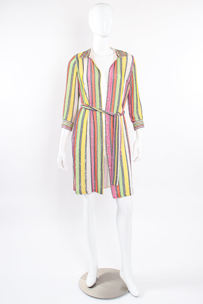 Vintage Oscar de la Renta Beaded Skittle Stripe Shirtdress Swim Cover on Mannequin open @ Recess