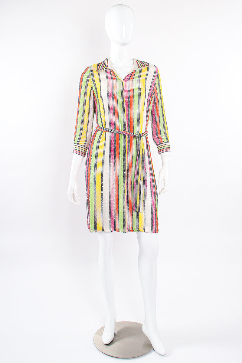 Vintage Oscar de la Renta Beaded Skittle Stripe Shirtdress Swim Cover on Mannequin front @ Recess