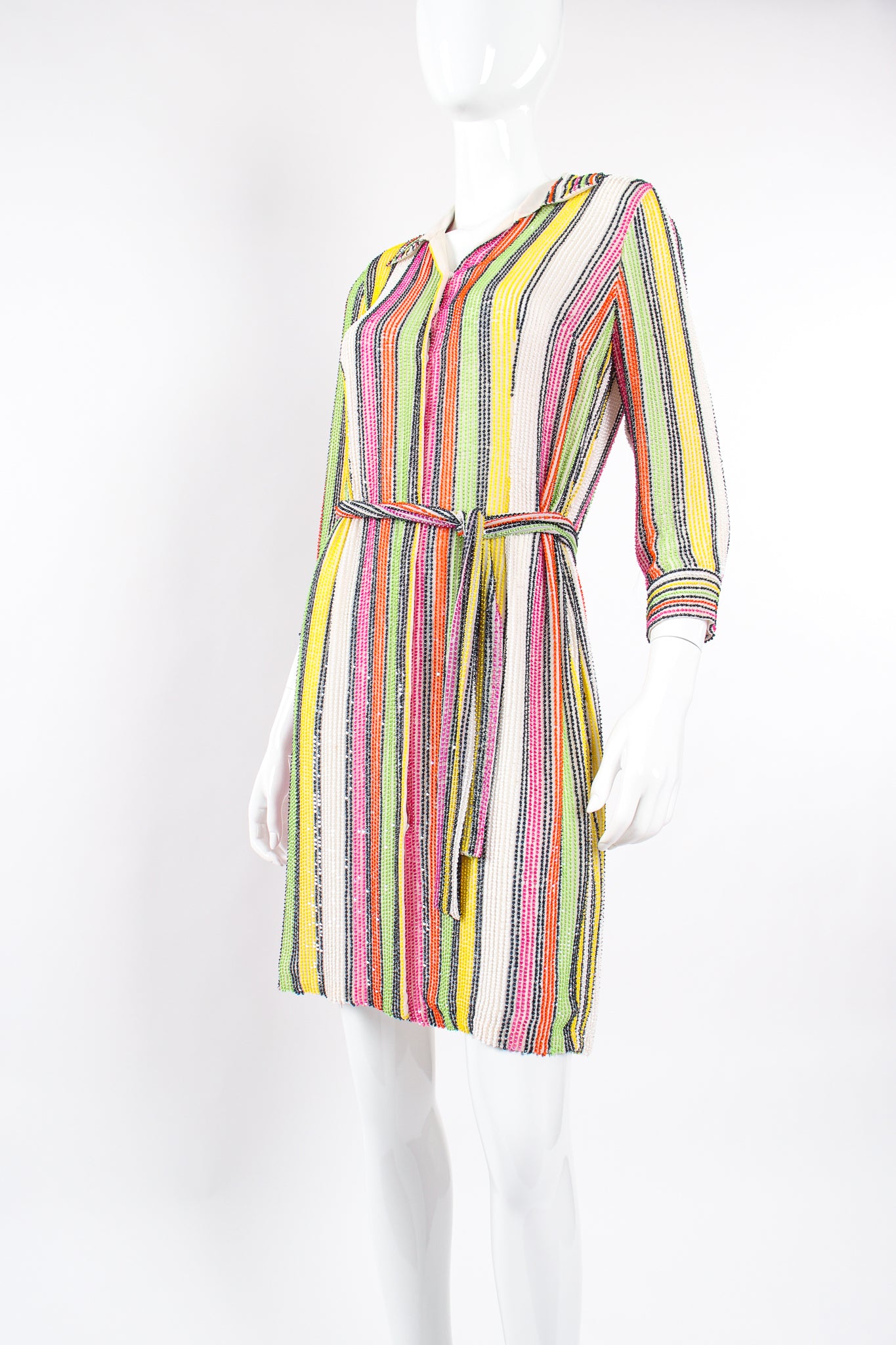 Vintage Oscar de la Renta Beaded Skittle Stripe Shirtdress Swim Cover on Mannequin angle @ Recess