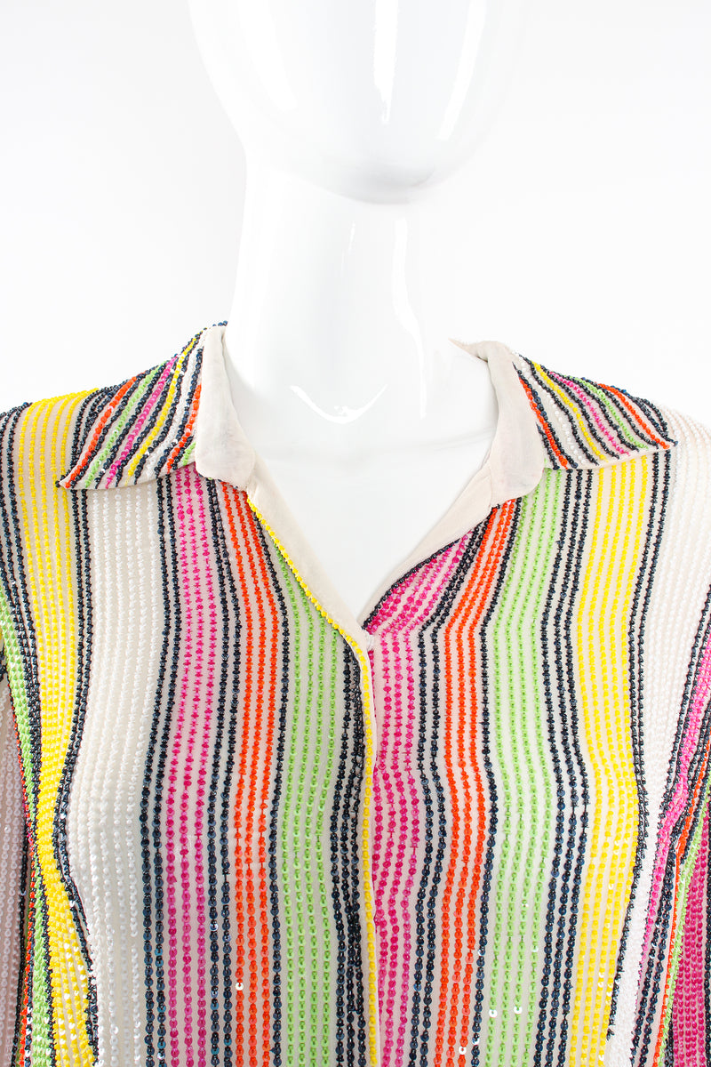 Vintage Oscar de la Renta Beaded Skittle Stripe Shirtdress Swim Cover on Mannequin collar @ Recess