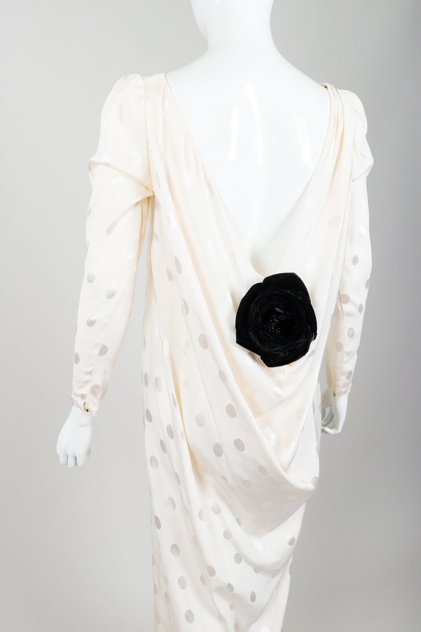 Vintage Oscar de la Renta Cowl Back Rosette Dress Bridal Wedding on Mannequin Back Crop at Recess