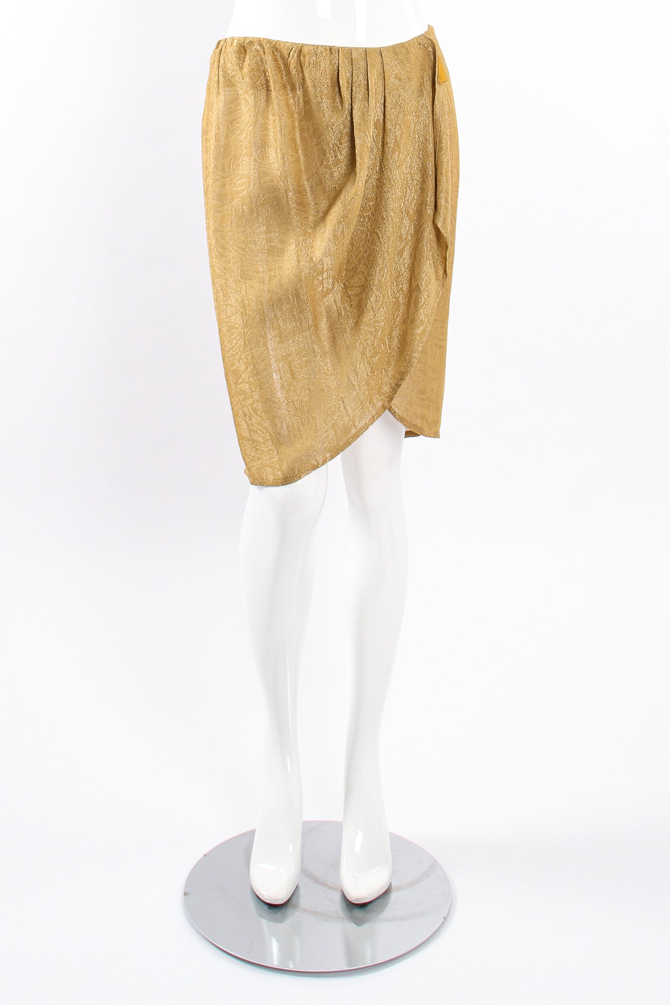 Vintage Oscar de la Renta Sheer Metallic Tunic & Wrap Skirt Set mannequin skirt front at Recess
