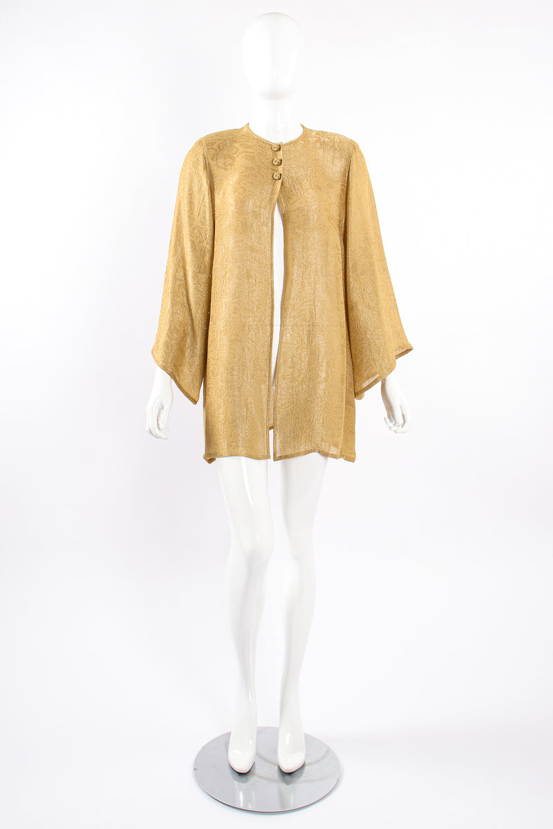 Vintage Oscar de la Renta Sheer Metallic Tunic & Wrap Skirt Set on Mannequin top front at Recess