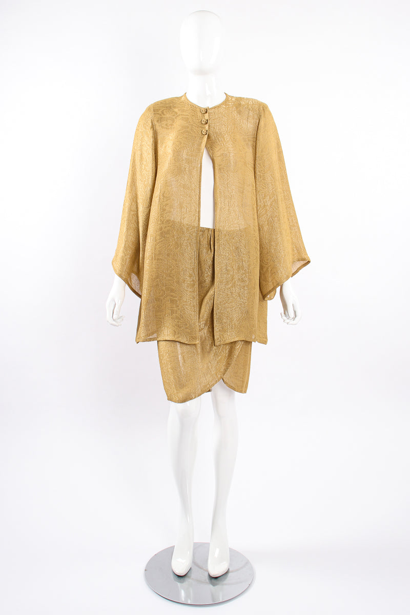 Vintage Oscar de la Renta Sheer Metallic Tunic & Wrap Skirt Set on Mannequin front at Recess LA