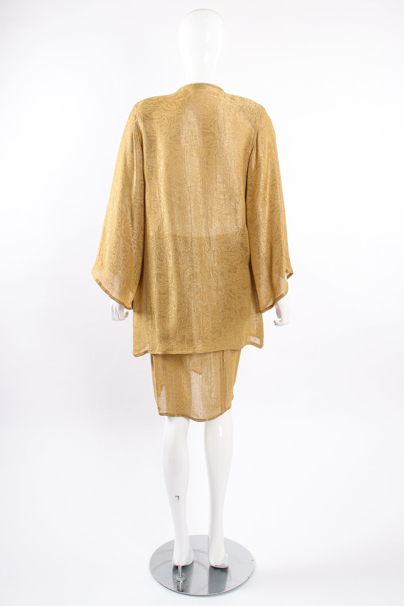 Vintage Oscar de la Renta Sheer Metallic Tunic & Wrap Skirt Set on Mannequin back at Recess LA