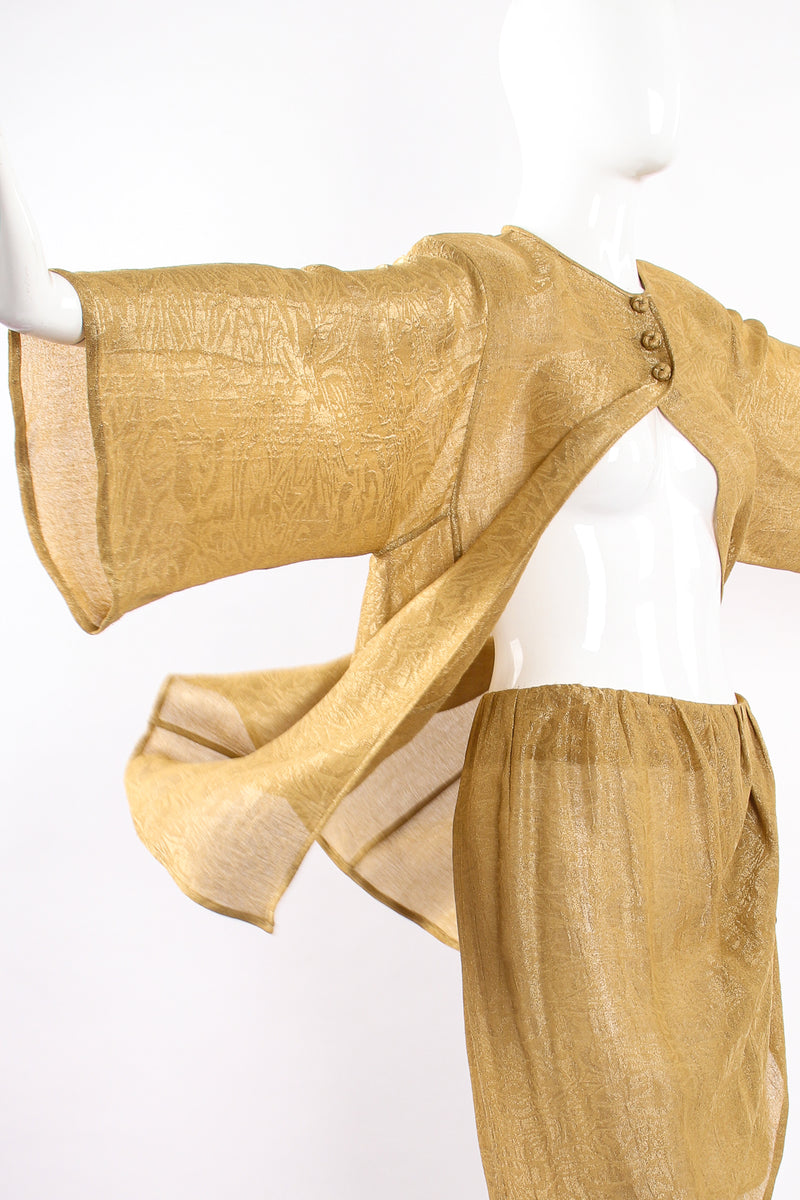 Vintage Oscar de la Renta Sheer Metallic Tunic & Wrap Skirt Set on Mannequin sleeve at Recess LA