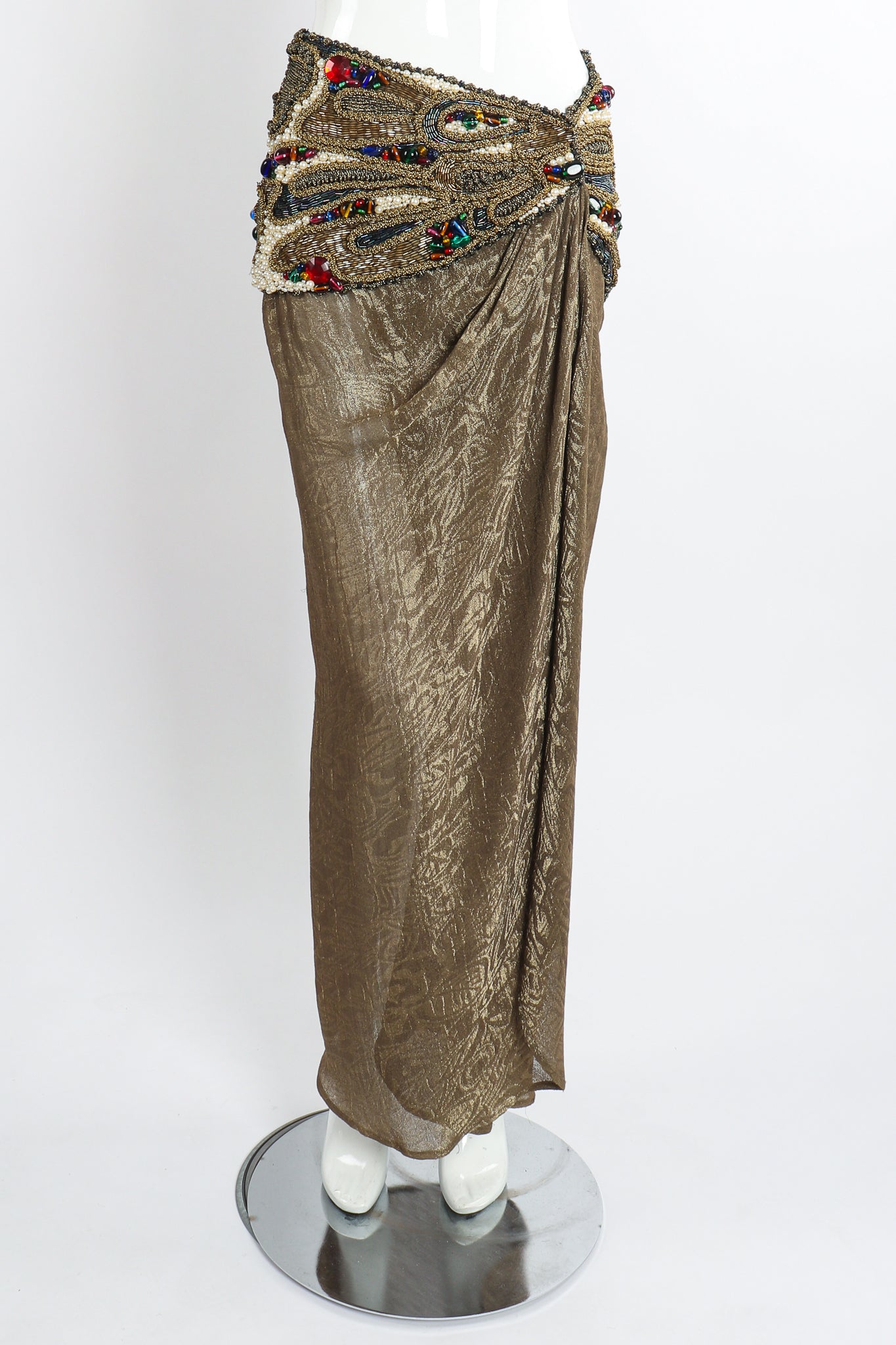 Vintage Oscar de la Renta Jeweled Lamé Wrap Skirt on Mannequin Front at Recess LA