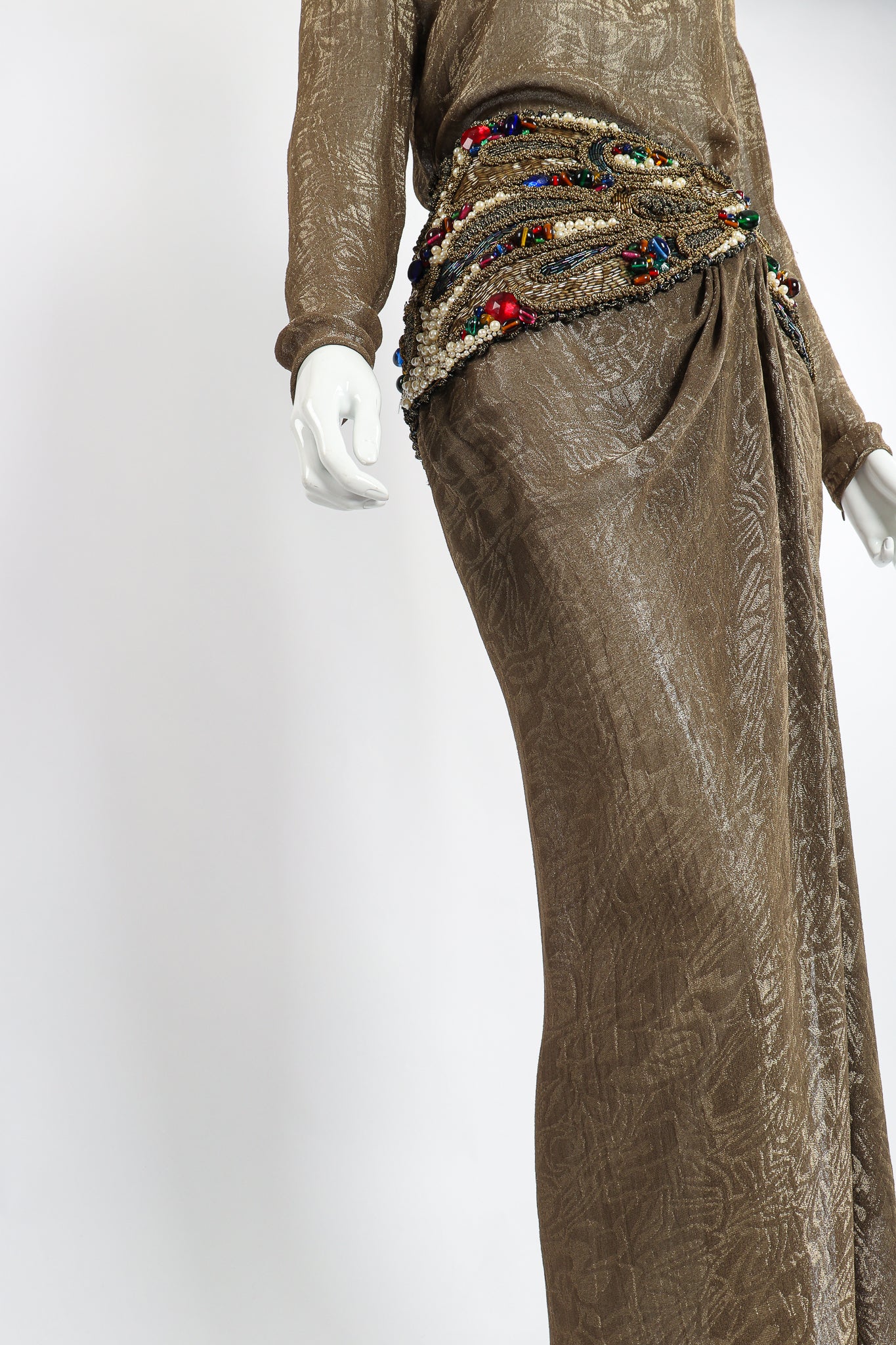 Vintage Oscar de la Renta Jeweled Lamé Wrap Skirt Set on Mannequin Angle crop at Recess LA