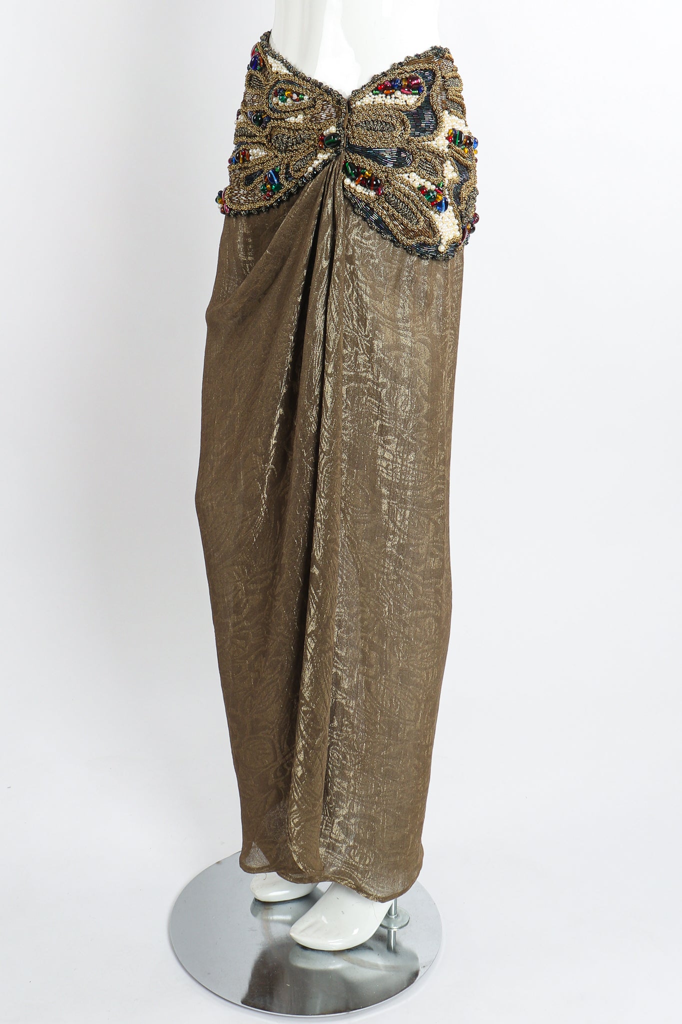 Vintage Oscar de la Renta Jeweled Lamé Wrap Skirt on Mannequin angle at Recess LA
