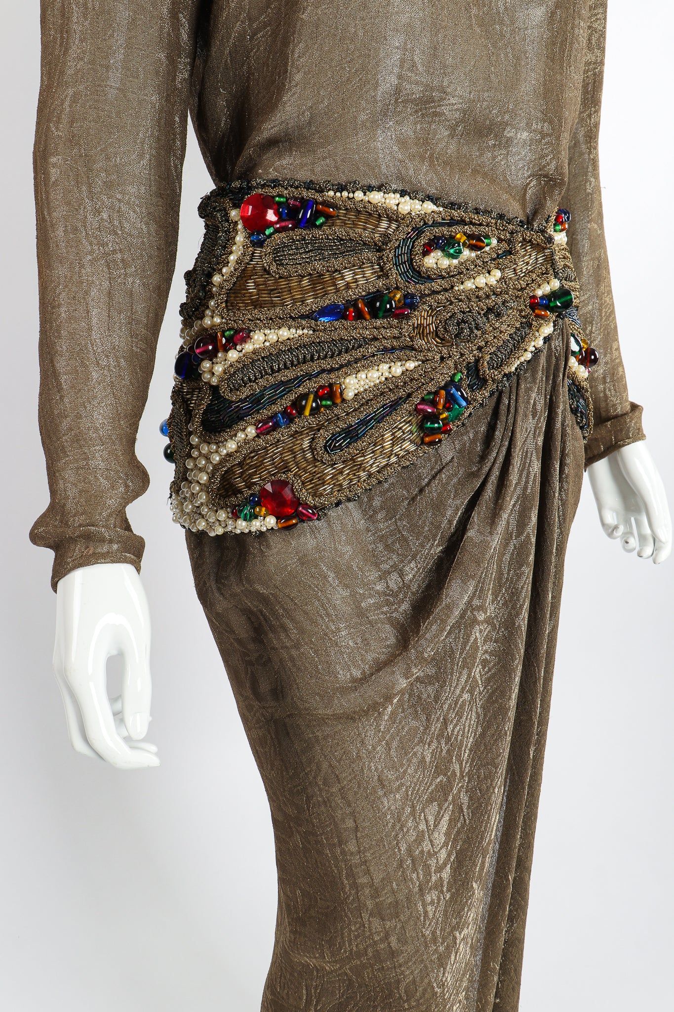 Vintage Oscar de la Renta Jeweled Lamé Wrap Skirt Set on Mannequin waist hip at Recess LA