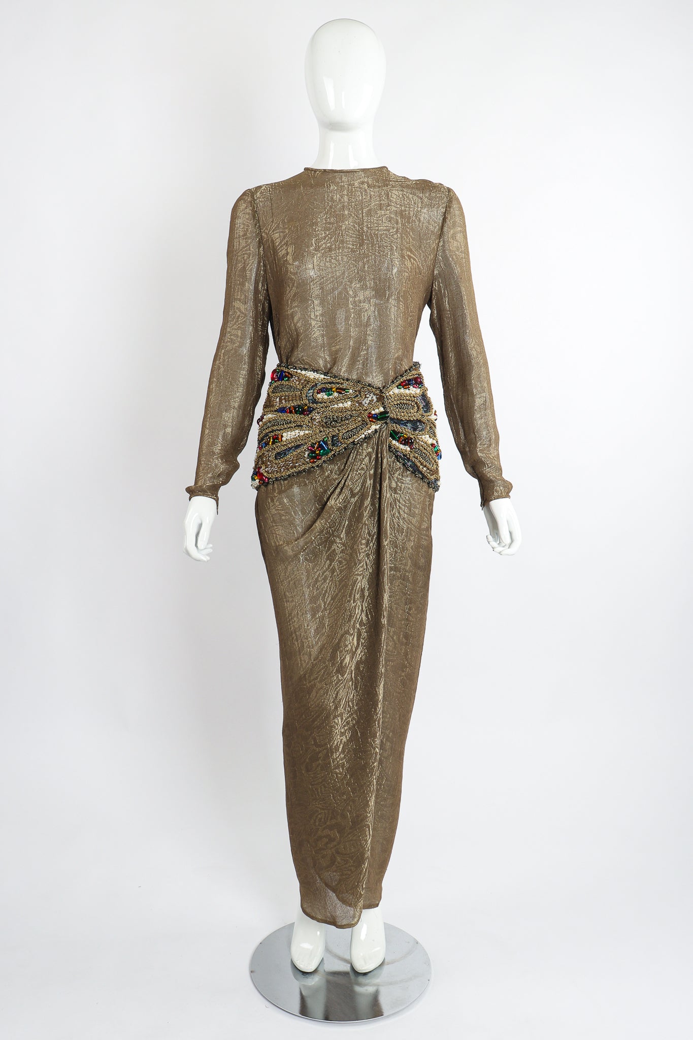 Vintage Oscar de la Renta Jeweled Lamé Wrap Skirt Set on Mannequin Front at Recess LA