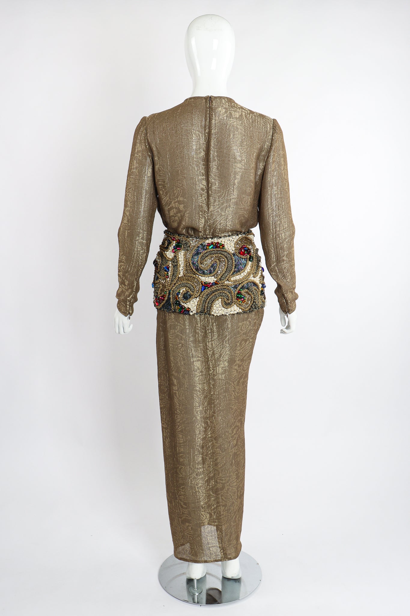 Vintage Oscar de la Renta Jeweled Lamé Wrap Skirt Set on Mannequin Back at Recess LA
