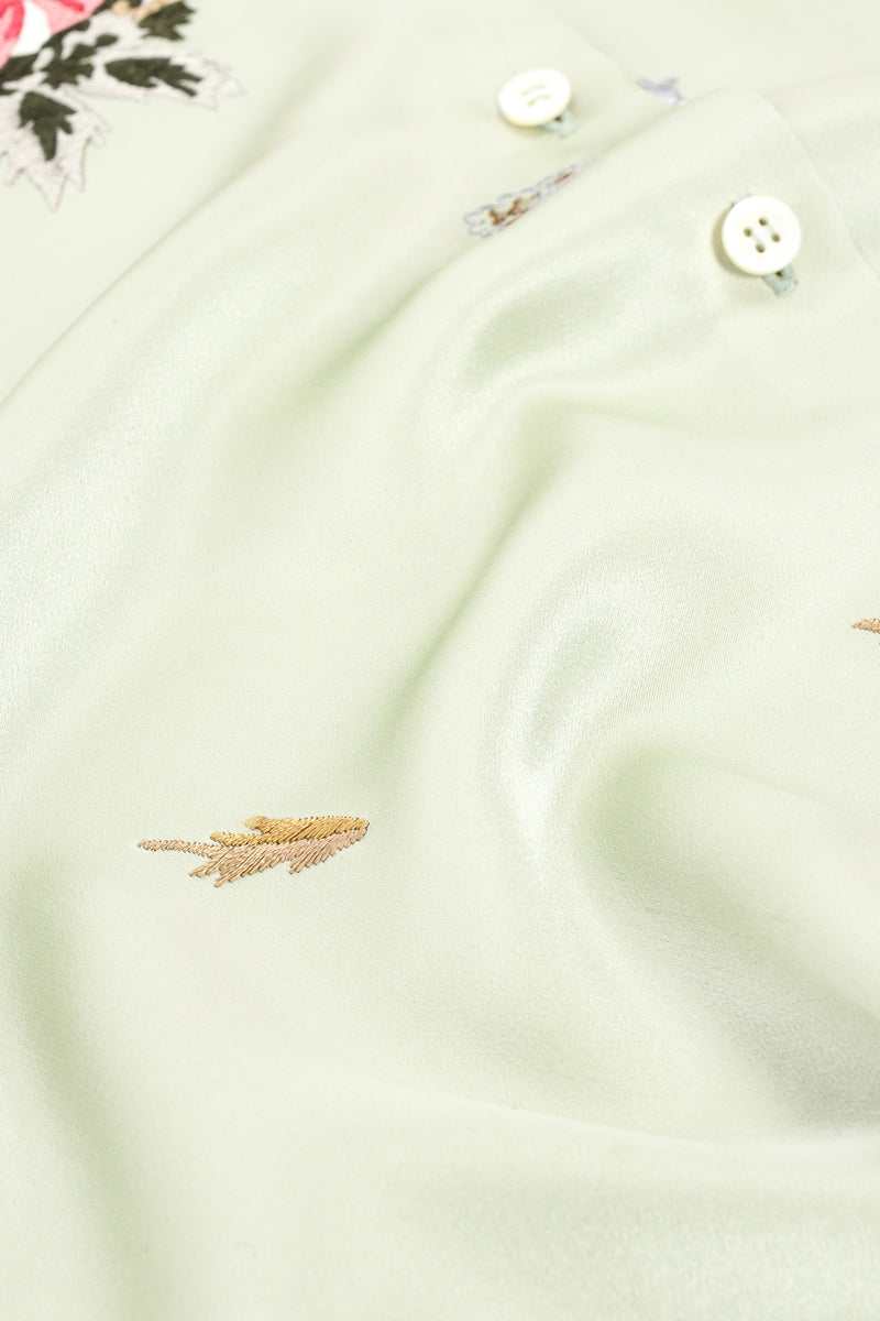 Vintage Oscar de la Renta Mint Floral Embroidered Silk Shirt fabric detail at Recess LA