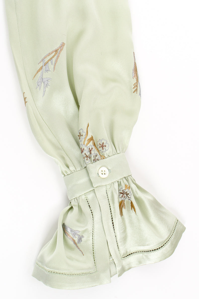 Vintage Oscar de la Renta Mint Floral Embroidered Silk Shirt sleeve cuff at Recess LA