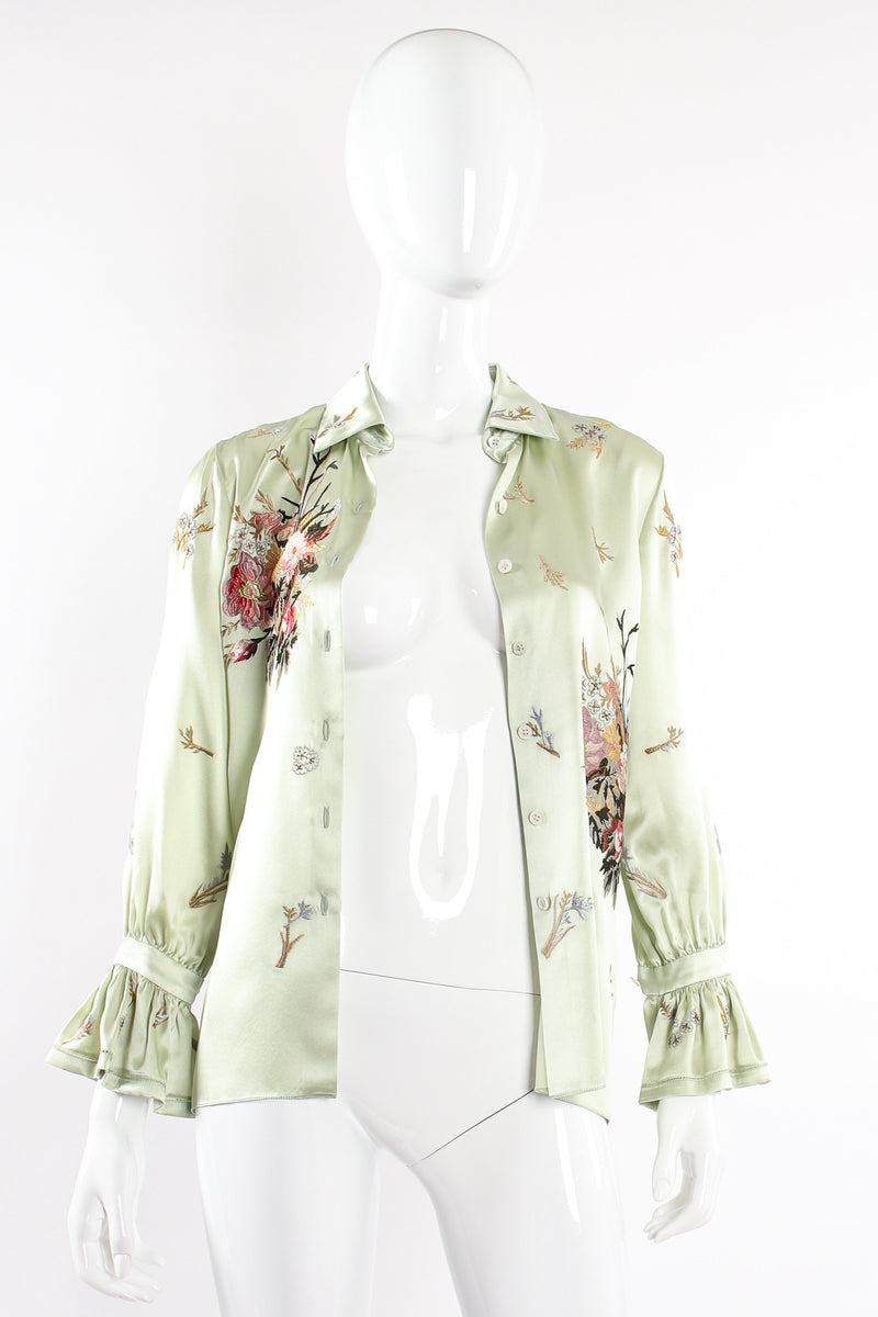 Vintage Oscar de la Renta Mint Floral Embroidered Silk Shirt on Mannequin open at Recess LA